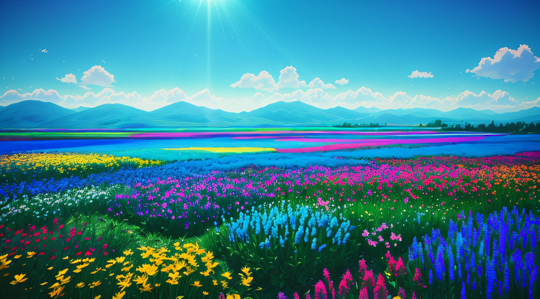 vibrant blue tinted colors, skyscraper, highly saturated colors, Fujifilm Fujichrome Provia 100F film, flower field, purity and dreamy symbolism, (muted colors:1.2), (photon mapping), octane render + hyper realistic, storage, (8k), hdr, sunny,