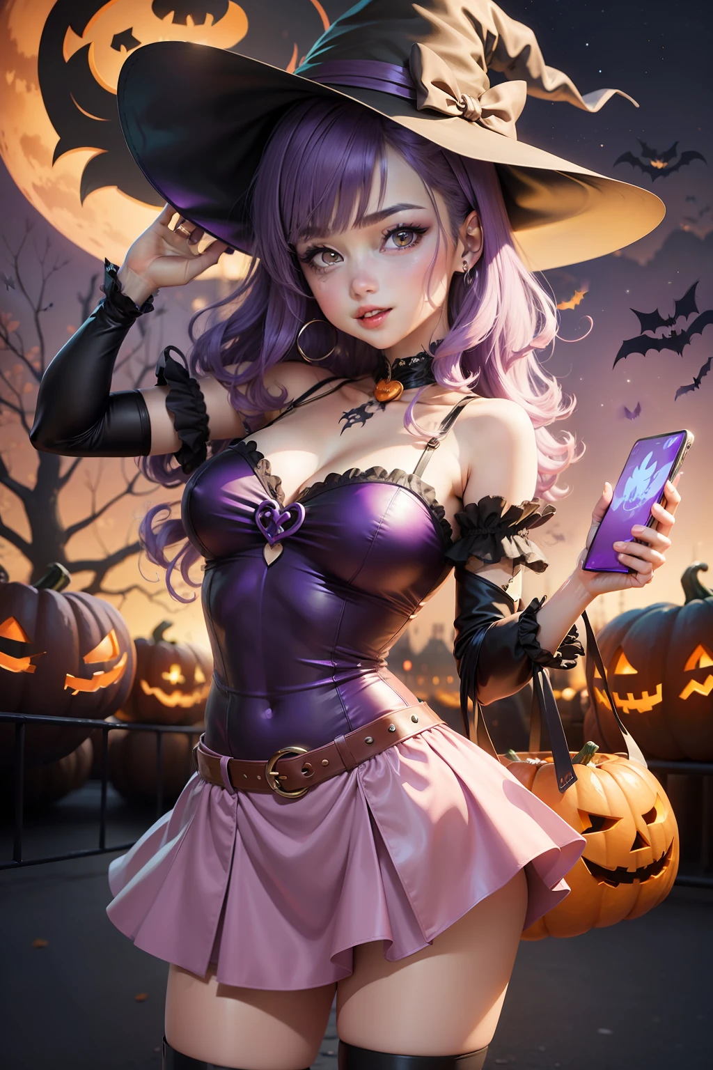 Cartoon girl with purple hair holding mobile phone with New Year message, in a halloween style, Happy!!!, in the art style of 8 0 s anime, halloween art style, Witch Girl, 2 d anime style, marin kitagawa fanart, Halloween, nffsw, jojo anime style, けもの, by Shingei, halloween celebration