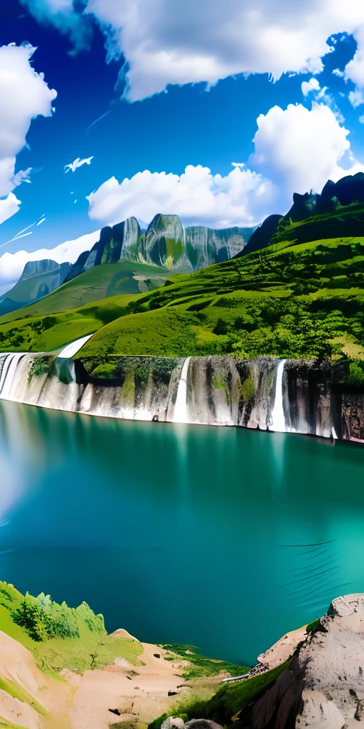 scenery, outdoor, sky, cloud, day, no humans, mountain, panorama, water, tree, blue sky, waterfall, cliff, nature, lake, river, cloudy sky