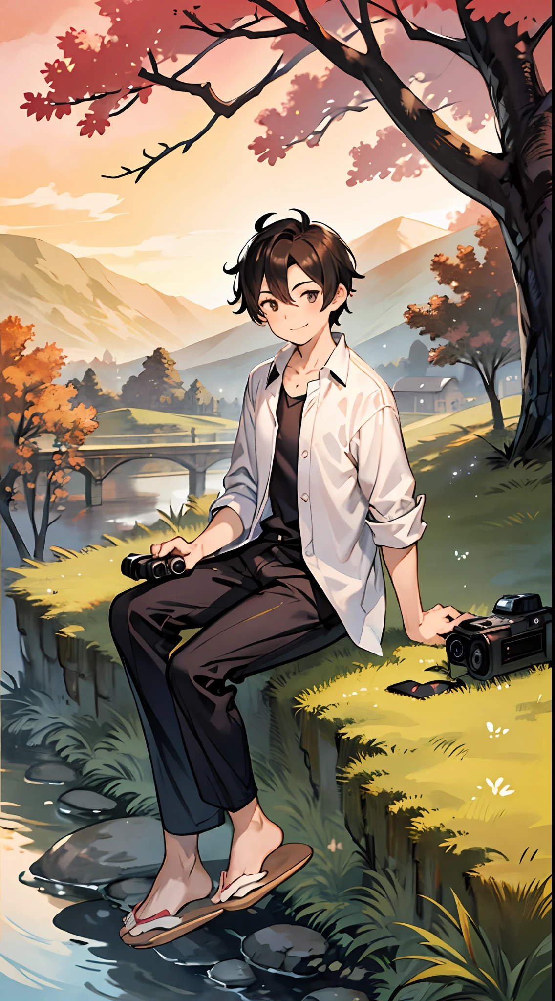 A happy and handsome boy，In the rain，Dressed in casual attire，Wear slippers，Sit on the rocks of the meadow，The background is the village，Sunset and sunset，Face the camera，Full body photo，Ultra-high definition