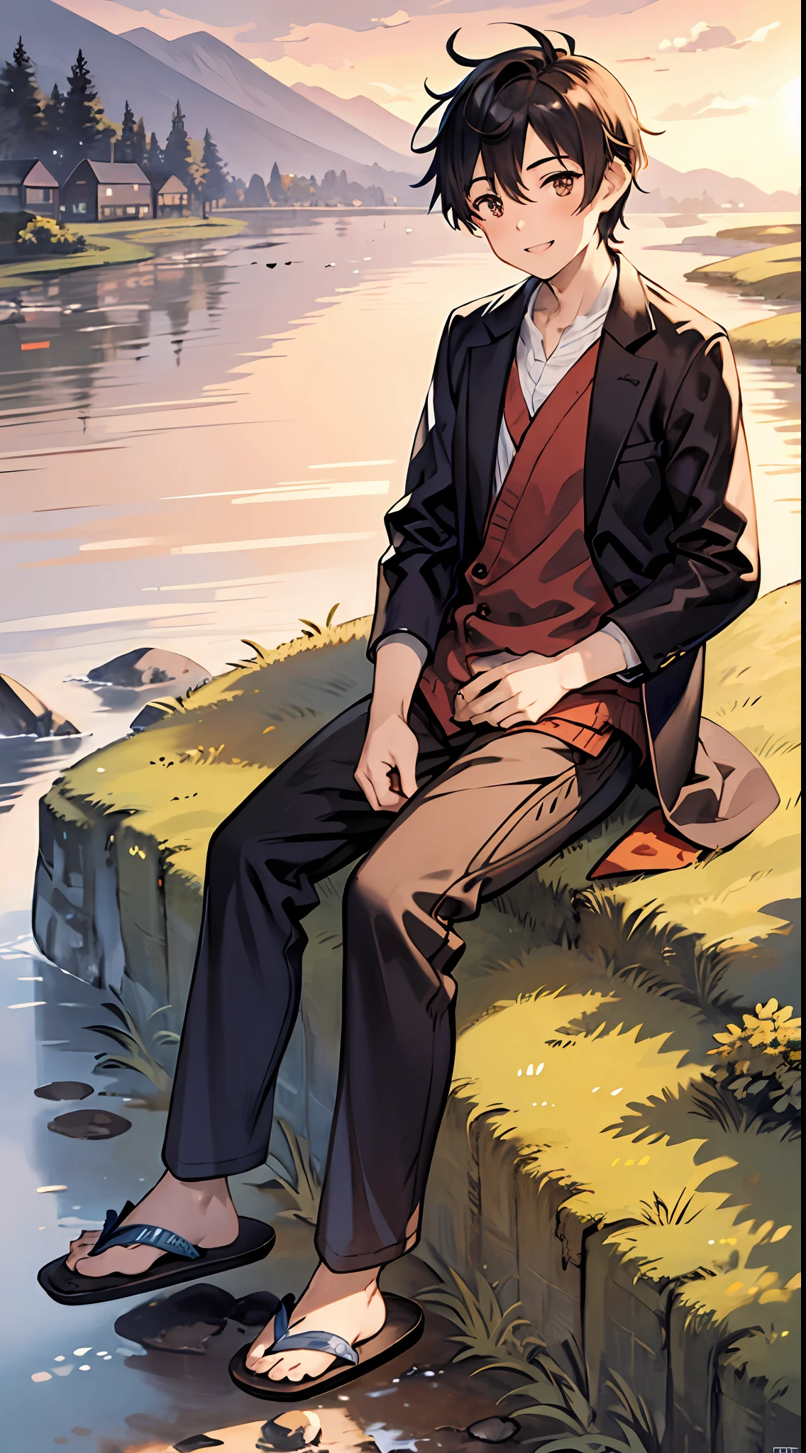 A happy and handsome boy，In the rain，Dressed in casual attire，Wear slippers，Sit on the rocks of the meadow，The background is the village，Sunset and sunset，Face the camera，Full body photo，Ultra-high definition