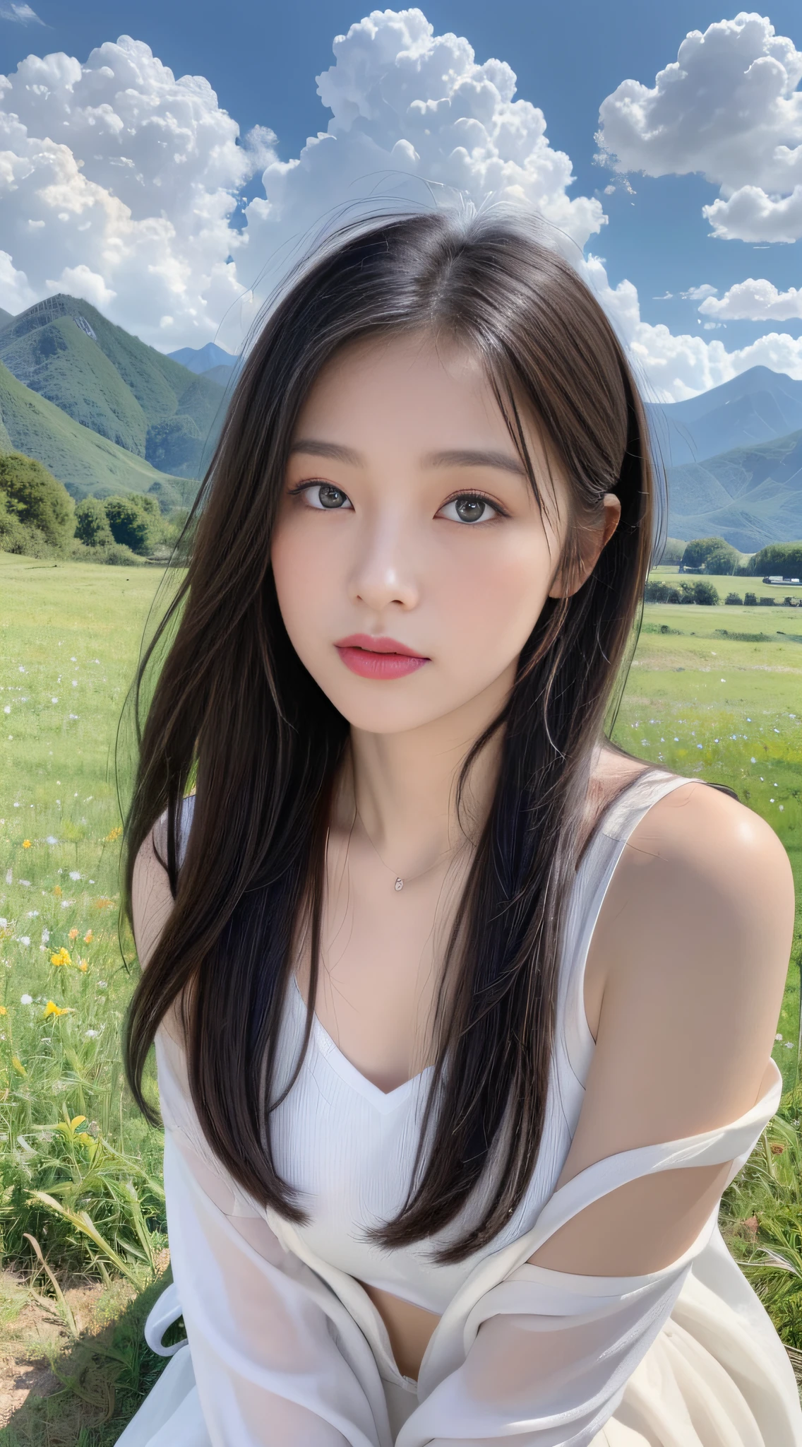 ((best quality, 8k, masterpiece:1.3)), a beautiful girl, pure, melon face, gentle and cute, thin figure, (frontal), (tilted head), looking directly into the camera, [detached sleeves::0], [collared shirt::0], [capri pants::0], black silky long straight hair, long hair flowing over the shoulders, round black big eyes, clear big eyes, moist red lips, sweet smile, sitting, hands on knees, Blue sky and white clouds, sunshine, grassland, mountain peaks, northern view of Tibetan grassland