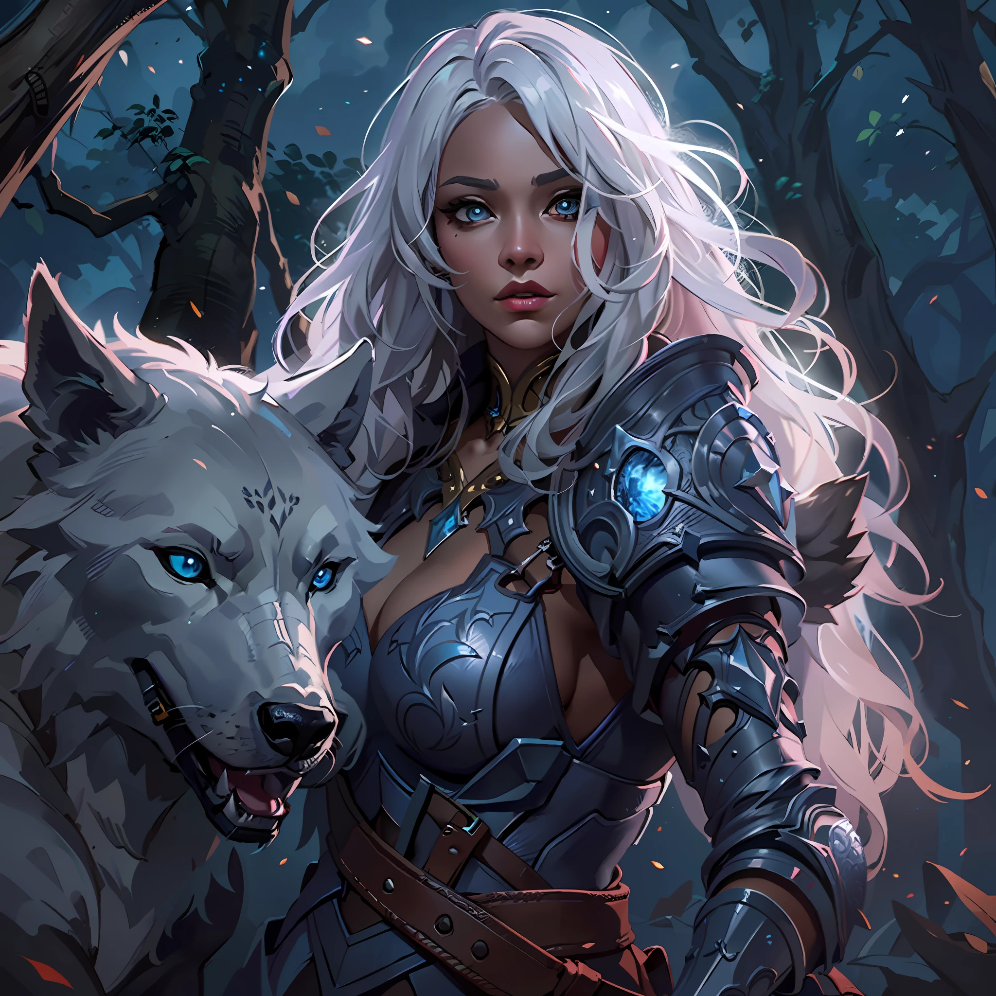 high details, best quality, 8k, [ultra detailed], masterpiece, best quality, (extremely detailed), dynamic angle, ultra wide shot, RAW, photorealistic, fantasy art, dnd art, rpg art, realistic art, a wide angle picture of an epic female drow ranger and her pet wolf,  warrior of nature, fighter of nature, full body, [[anatomically correct]] full body (1.5 intricate details, Masterpiece, best quality) talking to am epic wolf (1.6 intricate details, Masterpiece, best quality) armed with an [epic magical sword]  (1.5 intricate details, Masterpiece, best quality) epic magical sword, glowing in blue light. in dark forest (1.5 intricate details, Masterpiece, best quality), a female beautiful epic drow wearing leather armor (1.4 intricate details, Masterpiece, best quality), leather boots, thick hair, long hair, white hair, black skin intense eyes, forest  background (intense details), moon light, stars light, clouds (1.4 intricate details, Masterpiece, best quality), dynamic angle, (1.4 intricate details, Masterpiece, best quality) 3D rendering, high details, best quality, highres, ultra wide angle