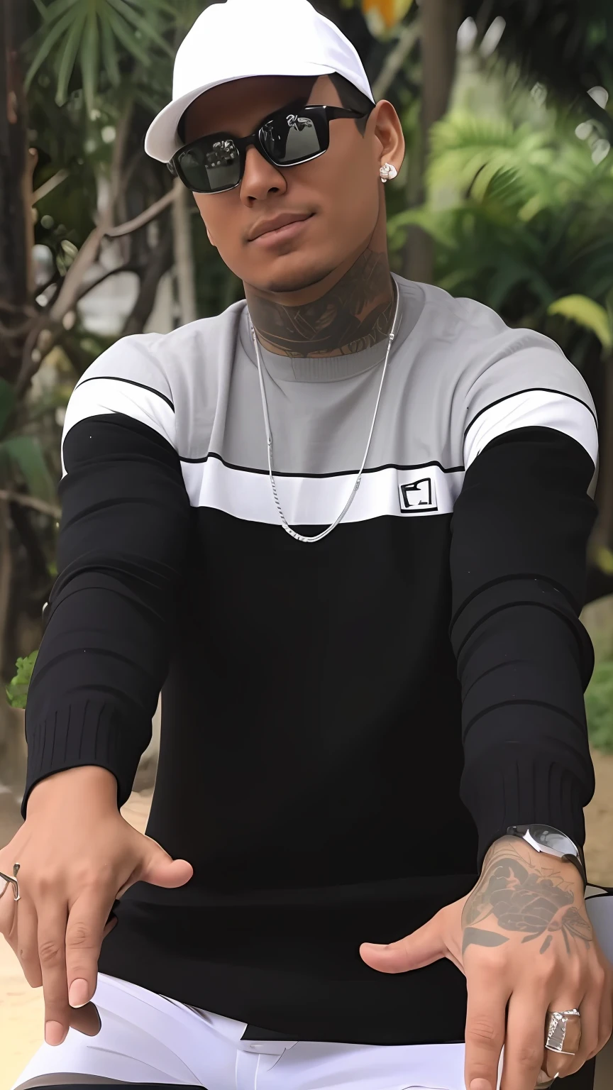 Man in black and white sweater and sunglasses sitting on a bench, imagem de corpo inteiro, usando cavanhaque, colar de prata, segundo plano com plantas e arvores, hd