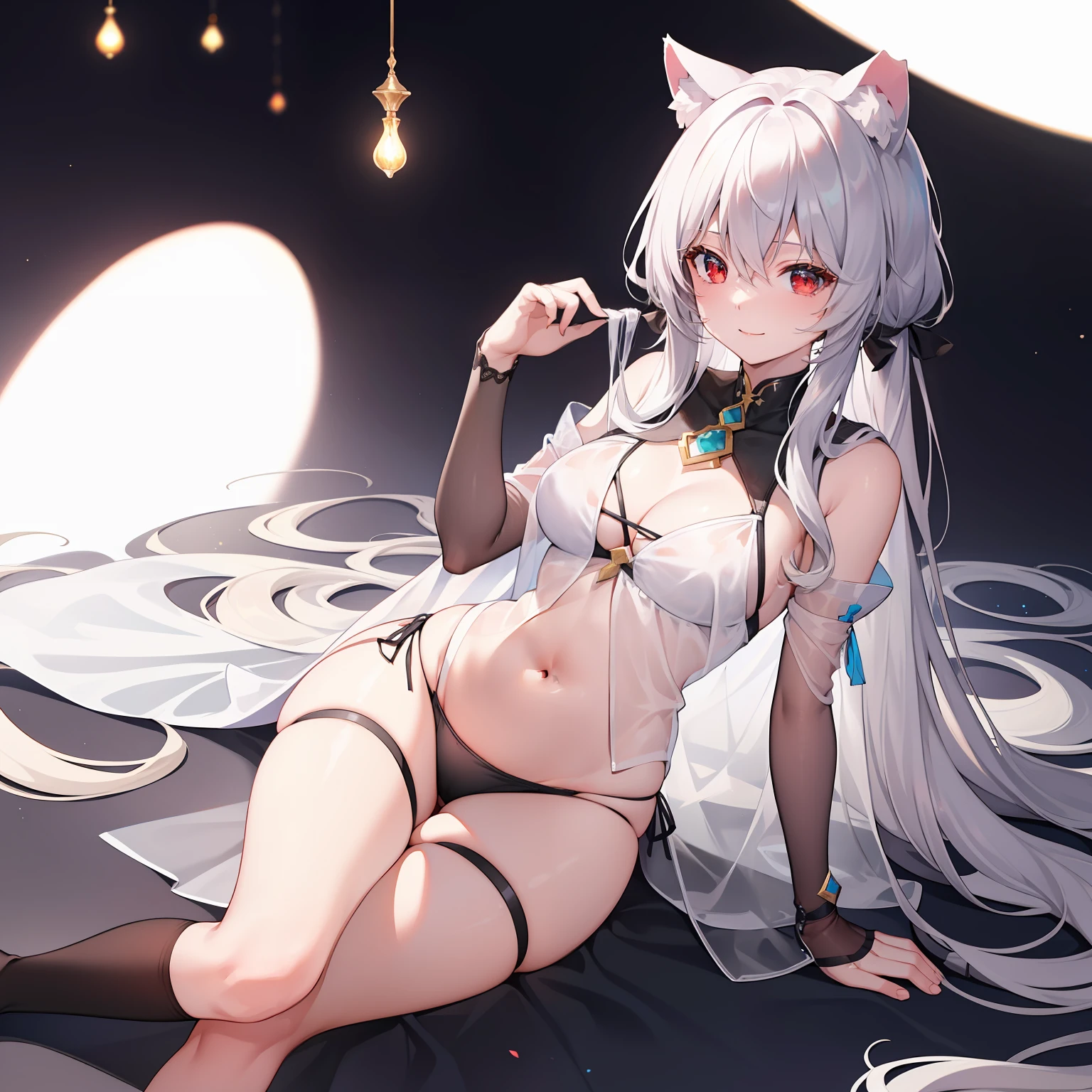 (Masterpiece), (Best quality), full bodyesbian,Simple background, 1girll,Shiny hair,White hair, White cloak, ((See-through)),navel,Light smile,((black sock)),black_Bikini ,navel，cat ear, Long hair， Red eyes，(Gushki thighs:1.2), Beds