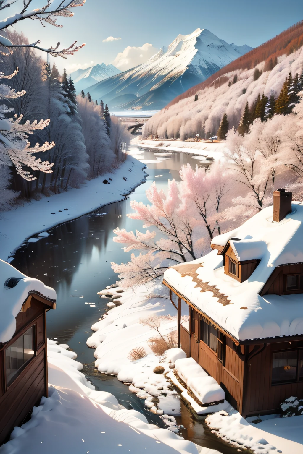 Goose feathers and snow，house，Sloping river，Red cherry blossom tree
