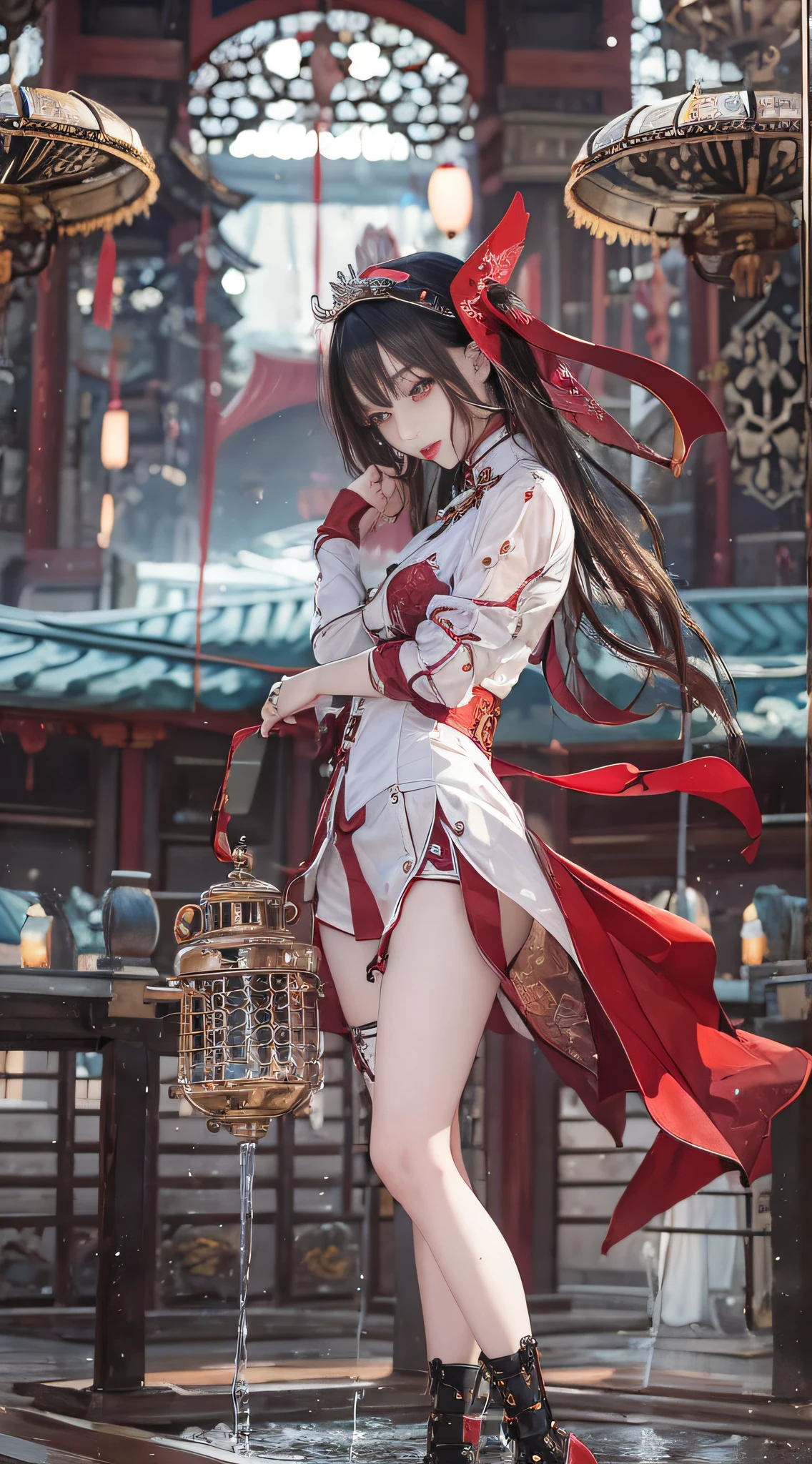 Sexy 21 year old cool Korean posing in red chinese dress and black garter, chinese clothes,, The beauty of steampunk anime, a steampunk beautiful goddess, Jeizuo, magnifica, viewer, Realistis, Full body camera view, Kneeling, Squatting, Bold, tall, Forced real water, See-through mini shirt with less white fabric, White see-through string, Less steampunk, Very detailed, Beautiful eyes of cosplay details, long eyelashes, Nice double eyelids, eye shadow, Narrow eyes, Three white eyes, Dark Eye Makeup, Evil smile, Thin, Beautiful legs, Tie short hair back, bad face, Rolling eyes, Blushing, water running in mouth, Sticky tongue, Vaginal orchid, Vaginal discharge, Squirting, (((Very small breasts))), Grasp your breasts with both hands, Spread legs, sexual excitement, Sex Expressions, Bare skin