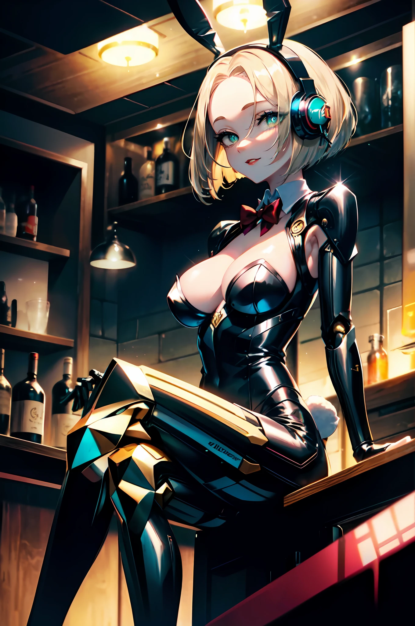 Top quality, intricate detail, super detailed, accurate depiction, highly detailed 8k wallpaper, beautiful mechanical woman, solo, (half closed eyes, green eyes), (masterpiece eyes:1.5), BREAK, seductive smile, (mechanical bunny girl: 1.3), (black exoskeleton leotard: 1.5), (golden color mechanical joints, mechanical arms, mechanical legs:1.2), (exposed armpits), BREAK, (long eyelashes, red lips), bowtie, rabbit ear headphones, rabbit tail, (blonde hair, bob cut), (forehead:1.3), BREAK, Flat_Chest, Huge_breasts, wide_lower back, (5fingers, 4fingers and 1thumb), BREAK, cyberpunk, (bar), bar counter and round chairs, wine, whiskey, bourbon, neon signboard, (arms behind back), sitting, crossed legs,