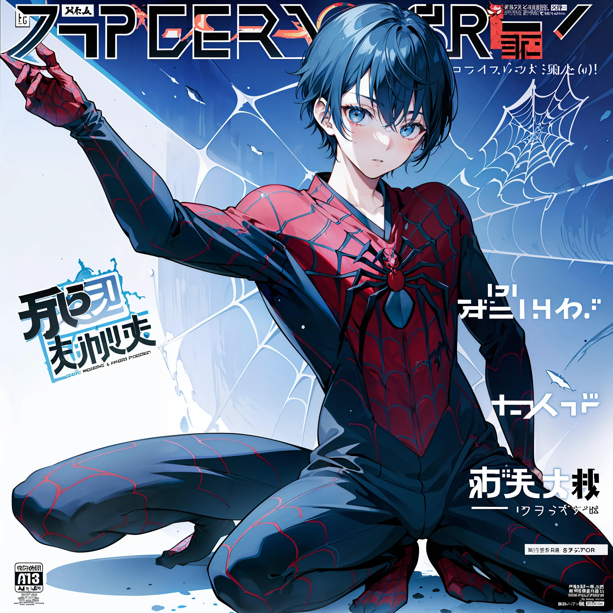 masterpiece, best quality, full body, (1boy), ((spider suit,)) (spider web print,) spider web, (Boy Messy Japanese Round Haircut for Thick Hair), (blue hair), ((solo)), (magazine:1.3), (cover-style:1.3),