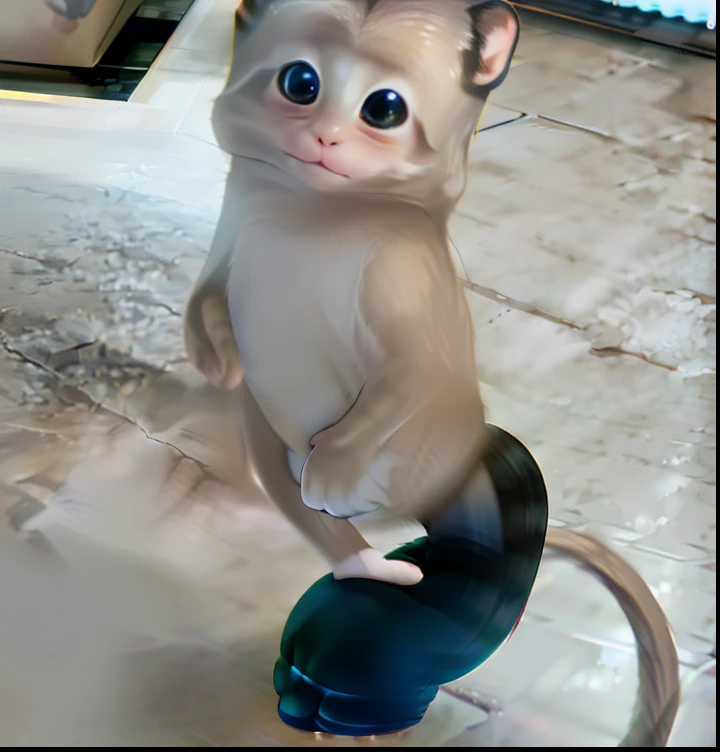 There was a small monkey standing on the tiled floor, adorable appearance!!!, Young and cute, looking at the camera in!!!, monkey limbs, 🐿🍸🍋, super cute and friendly, just a cute little thing, Monkey, is looking at the camera, !! Looking at the camera!!, Both legs have clawed feet, cute cute, really funny