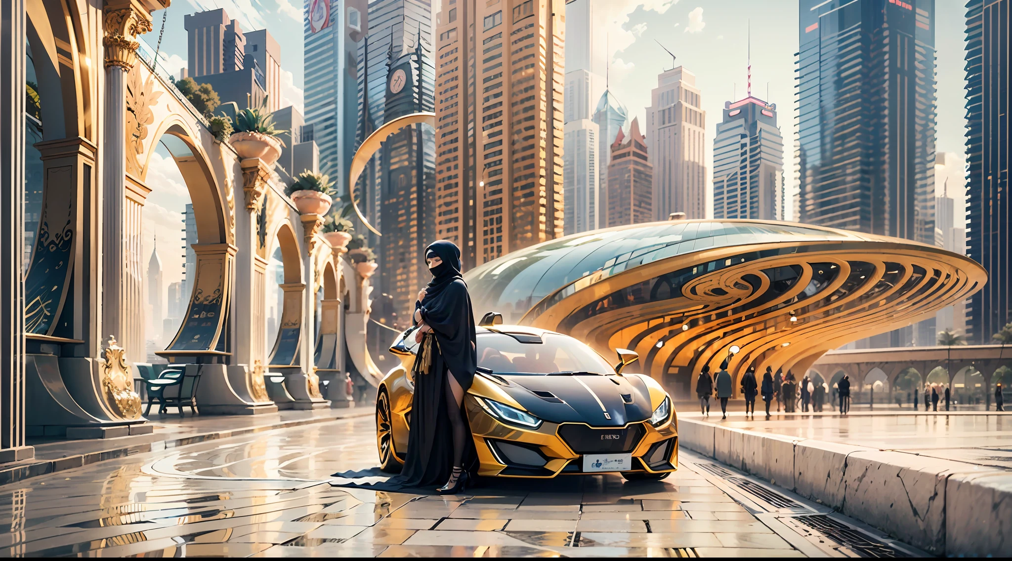 Enter a fascinating vision of the future through captivating futuristic imagery of the city of Dubai. The towering giant skyscraper is decorated with gold ornaments and a smooth glass curtain wall,pierce the sky, The vibrant lights of the city that never sleeps. In the midst of a bustling cityscape, An iconic giant pyramid-style high-tech building, Its architectural marvels are enhanced in a futuristic style. When the hovercar glides easily through the air,The city is full of life,Full of life。,Full of life。,Full of life。,Full of life。,Full of life。,Full of life。,Full of life。,Full of life。,Full of life。,Full of life。,Full of life。,Full of life。,Full of life。,Full of life。,Full of life。,Full of life。,Full of wealth。,Full of luxury。,Full of technology。。, State-of-the-art technology blends seamlessly with traditional Arabian luxury urban structures. This stunning work of art, Wear a gorgeous Arabic burqa,Arabian beauty covered in a golden veil,Standing on Balcony,Watch the magnificent city use Pixai to bring powerful AI models to life, Show the limitless creativity and possibilities of our imagination. Experience the future of the cityscape at Pixai,Immerse yourself in a visionary world of art