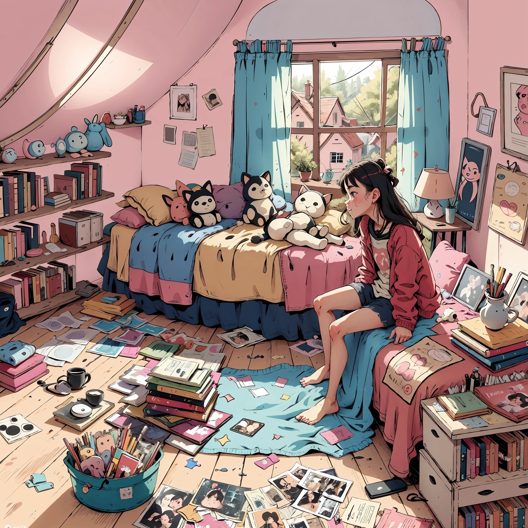 there is a drawing of a woman sitting in a messy room, in a bedroom, messy room, in a room, inside a messy room, in my bedroom, in her room, in an attic, chaotic teenage bedroom, sitting in her room, messy bedroom, cluttered room, ghostly teenager bedroom, in small room, dirty room, cluttered, a room