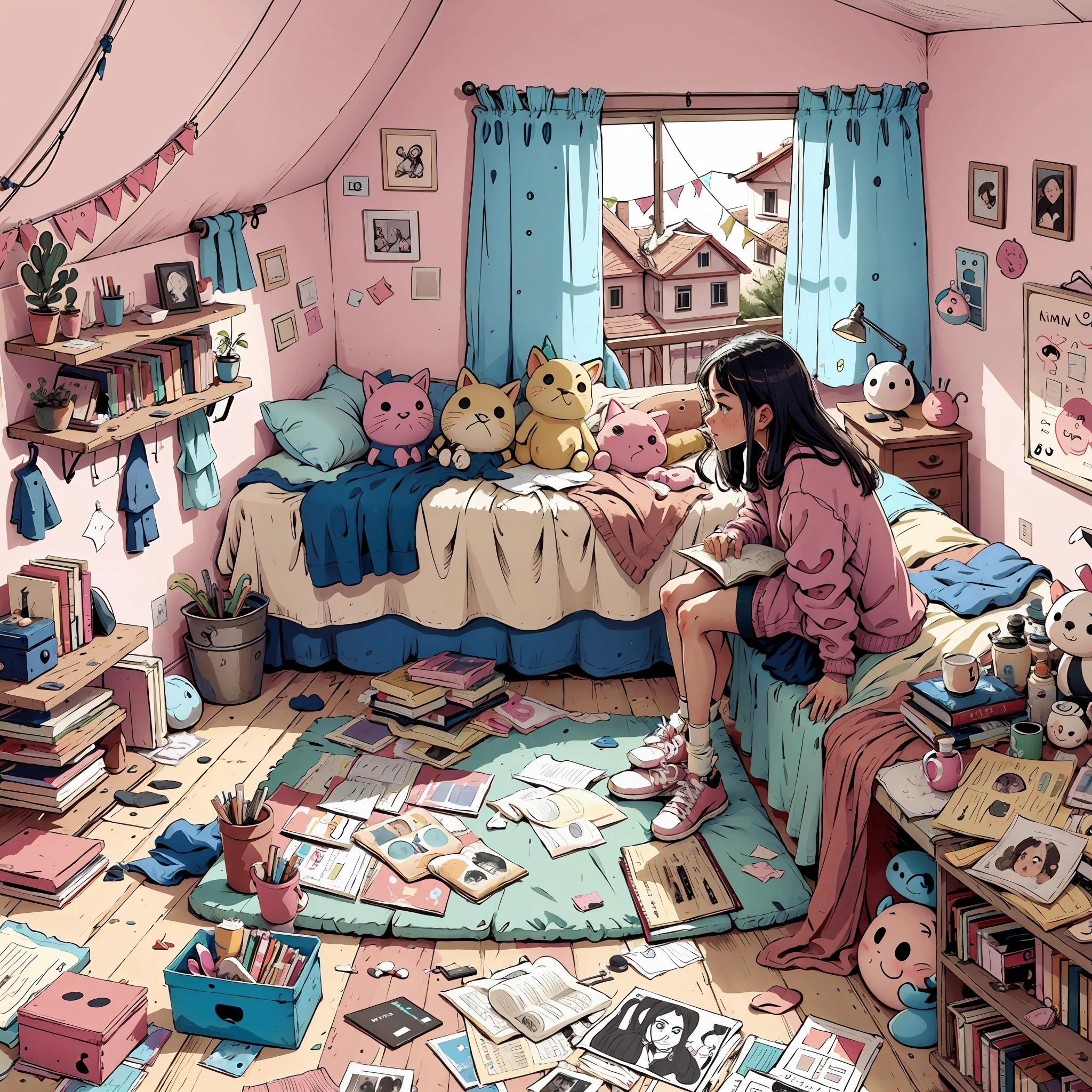 there is a drawing of a woman sitting in a messy room, in a bedroom, messy room, in a room, inside a messy room, in my bedroom, in her room, in an attic, chaotic age bedroom, sitting in her room, messy bedroom, cluttered room, ghostly teen bedroom, in small room, dirty room, cluttered, a room