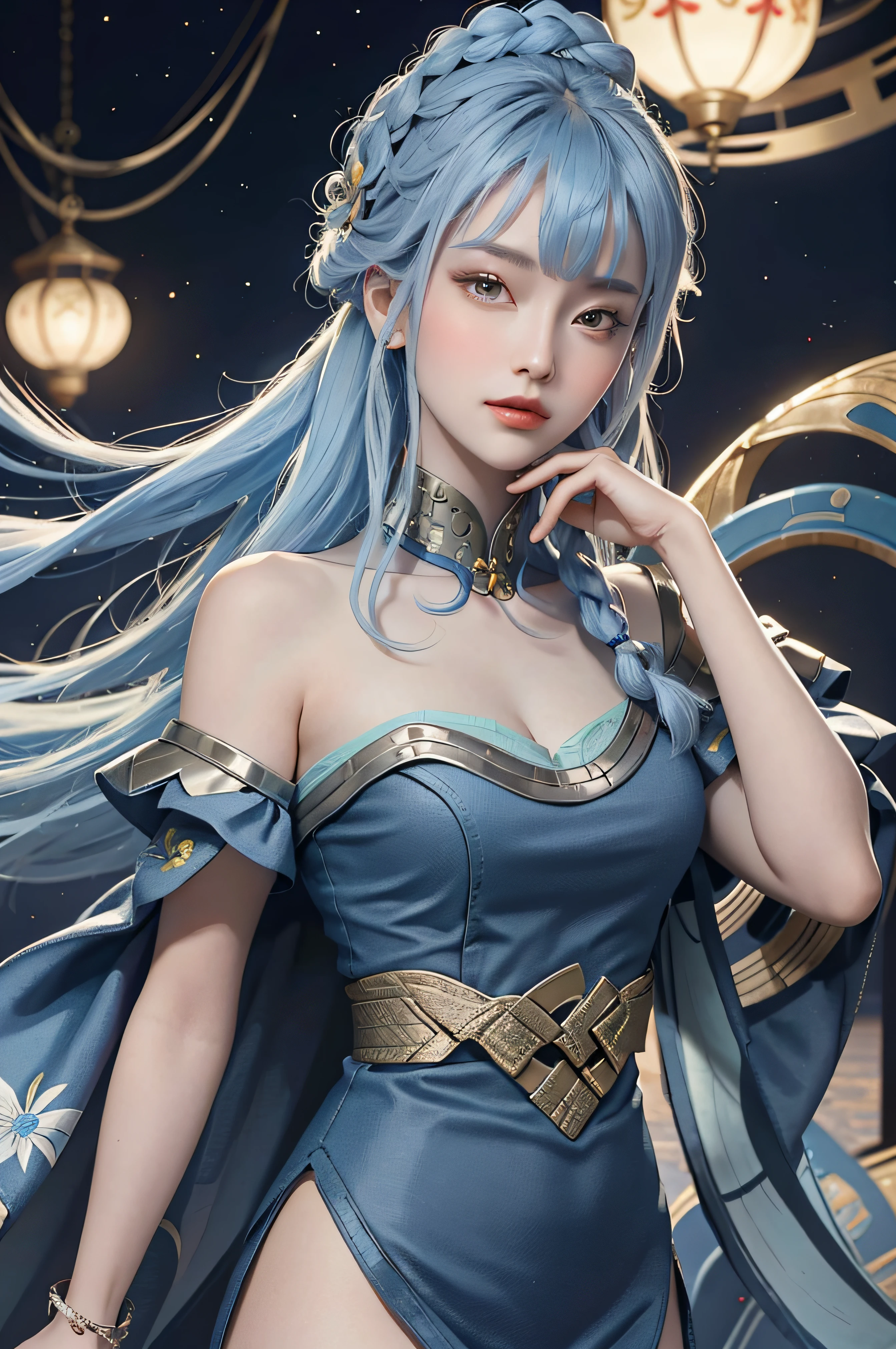 ((beautiful face)), extremely delicate facial,(best quality),(extremely detailed cg 8k wallpaper), masterpiece, an extremely del-0000((big breasts)), 1girl, solo, long hair, looking at viewer, hair ornament, dress, holding, bare shoulders, closed mouth, blue hair, yellow eyes, braid, artist name, covered navel, blue dress, chinese clothes, china dress, hand fan, folding fan, light blue hair, holding fan, Jordyn Huitema, (masterpiece,best quality:1.5), (masterpiece,best quality:1.5), Hold the fan with the right hand, the left hand does not hold the fan, Chinese imperial palace, feudal China, wooden castle, lake, (lantern), sparkling, (masterpiece,best quality:1.5), (masterpiece,best quality:1.5)