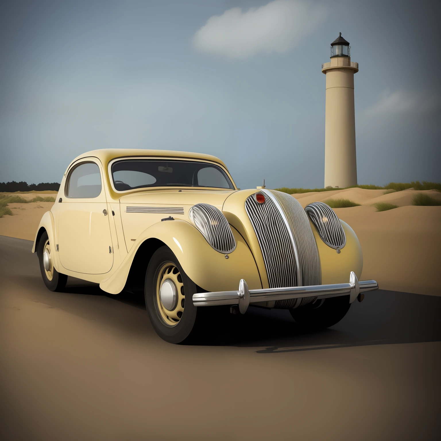 dim murky lights ((masterpiece)) analog photo, cinematic outdoor BREAK
(yellow white racing pain car:1.3) ,  weary old paint, vintage  dystopian dark brutalism lighthouse ,   BREAK
sand red dunes sea stormy
