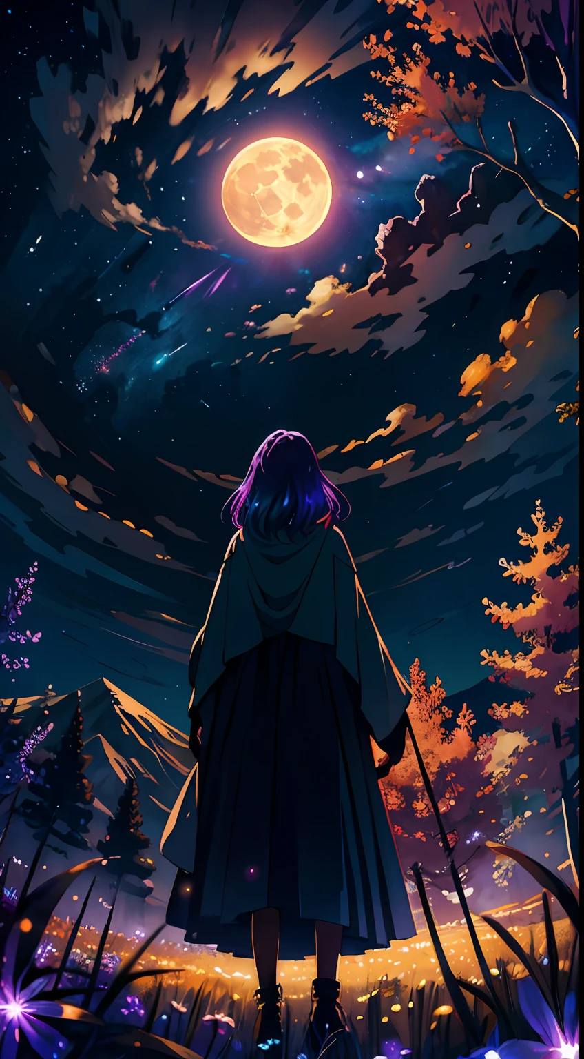 expansive landscape photograph , (a view from below that shows sky above and open field below), a girl standing on flower field looking up, (full moon:1.2), ( shooting stars:0.9), (nebula:1.3), distant mountain, tree BREAK
production art, (warm light source:1.2), (Firefly:1.2), lamp, lot of purple and orange, intricate details, volumetric lighting BREAK
(masterpiece:1.2), (best quality), 4k, ultra-detailed, (dynamic composition:1.4), highly detailed, colorful details,( iridescent colors:1.2), (glowing lighting, atmospheric lighting), dreamy, magical, (solo:1.2)