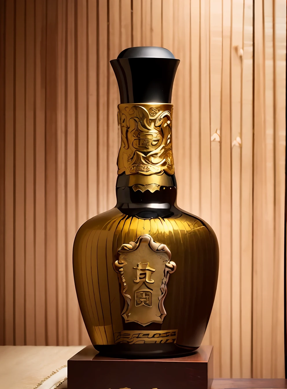 There is a black vase，It has gold decorations on it, very fancy whiskey bottle, fancy whiskey bottle, inspired by Park Hua, inspired by Ju Chao, Ancient sword, Inspired by Guo Xi, inspired by Tang Di, inspired by Lu Guang, inspired by Xuande Emperor, jin shan, inspired by Luo Mu, black and gold rich color