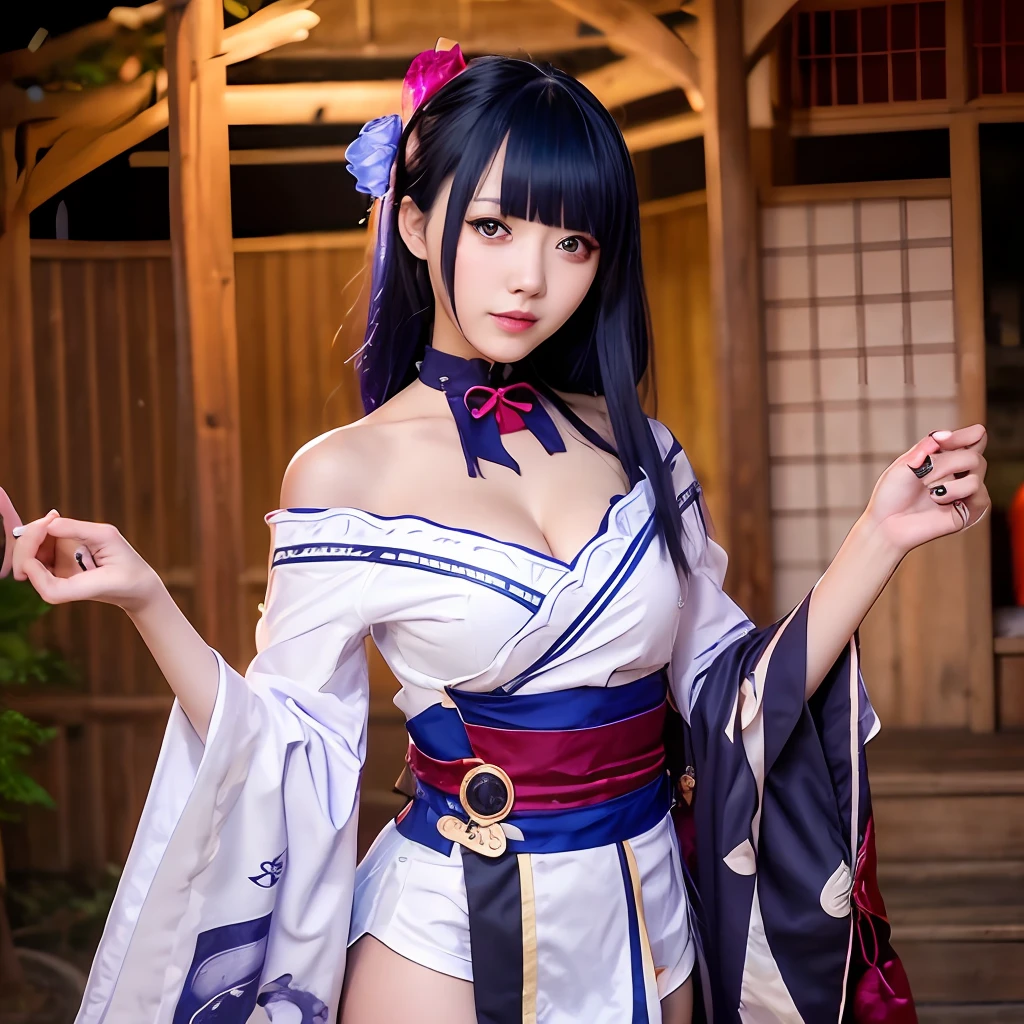 Masterpiece, Best quality, A high resolution, 1girll, sakamata chloe, Solo, whaite hair, Medium breasts, Red eyes, Japanese clothes, multicolored hair, hair adornments, cleavage, Black hair, hair flower, Striped hair, komono, bangs, White kimono, single hair bun, hair stick, Chest sarashi, Budget sarashi, Fang, choker necklace, nipple tassels, thigh band, Wide sleeves, cropped shoulders, Cowboy shot, Shrine, standing, Outdoors, Smile,