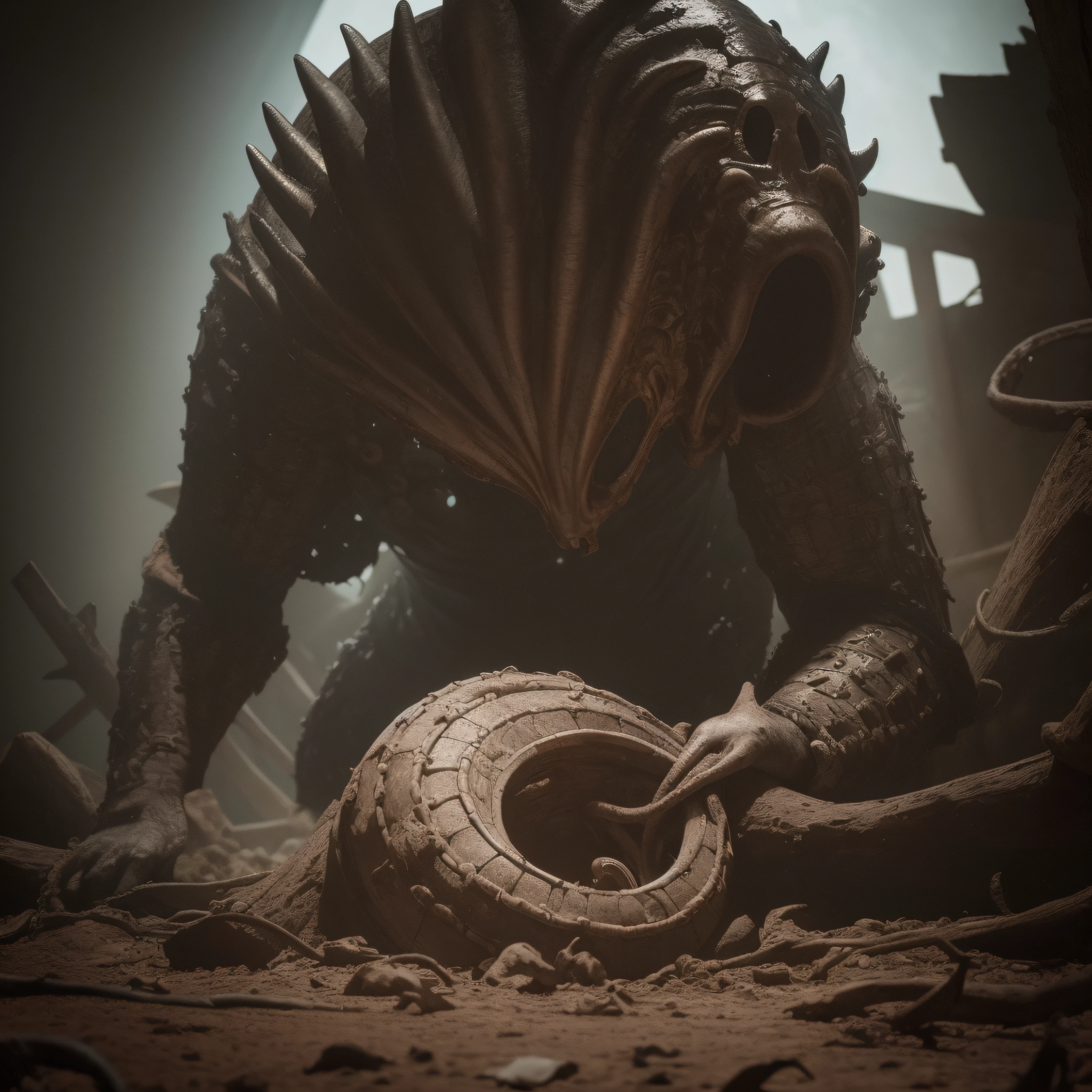 (extremadamente detallado, obra maestra, La mejor calidad), Estilo oscuro, intense illumination, rostro con arrugas, soldier, medieval armor, rusted, axe, tentacle, monstruoso, interior de una piscina de agua verdosa, imagen submarina, alien con Colmillos finos. manchas de tinta. Rococo composition. Luz de caravaggio