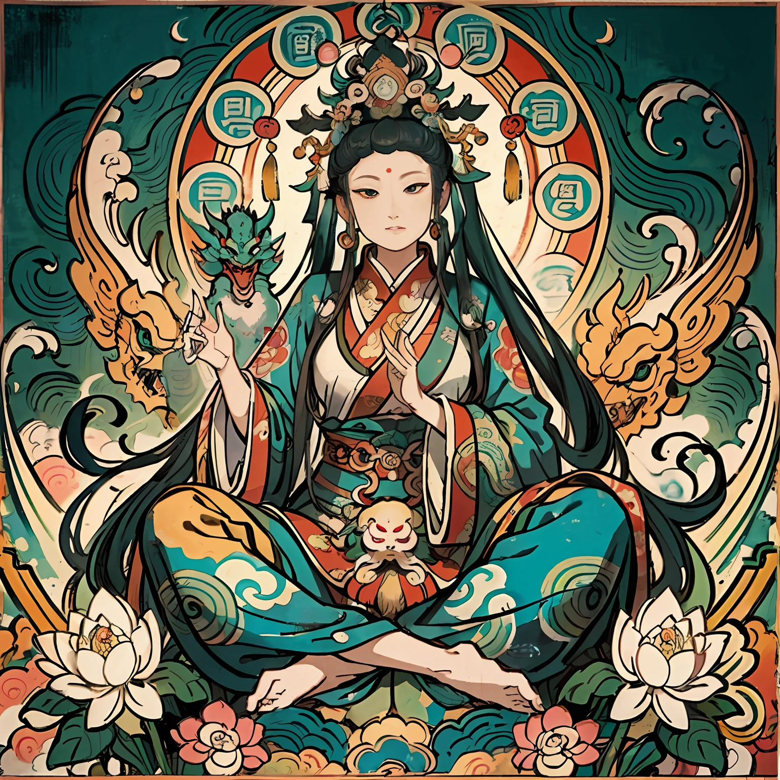 an ancient Chinese goddess, guanyin of the southern seas, Guanyin, Inspired by India, Avalokiteshvara rides a dragon,Serene expression,shui mo hua,Buddha,Buddhist,Lotus,Chinese painting style,Thangka style