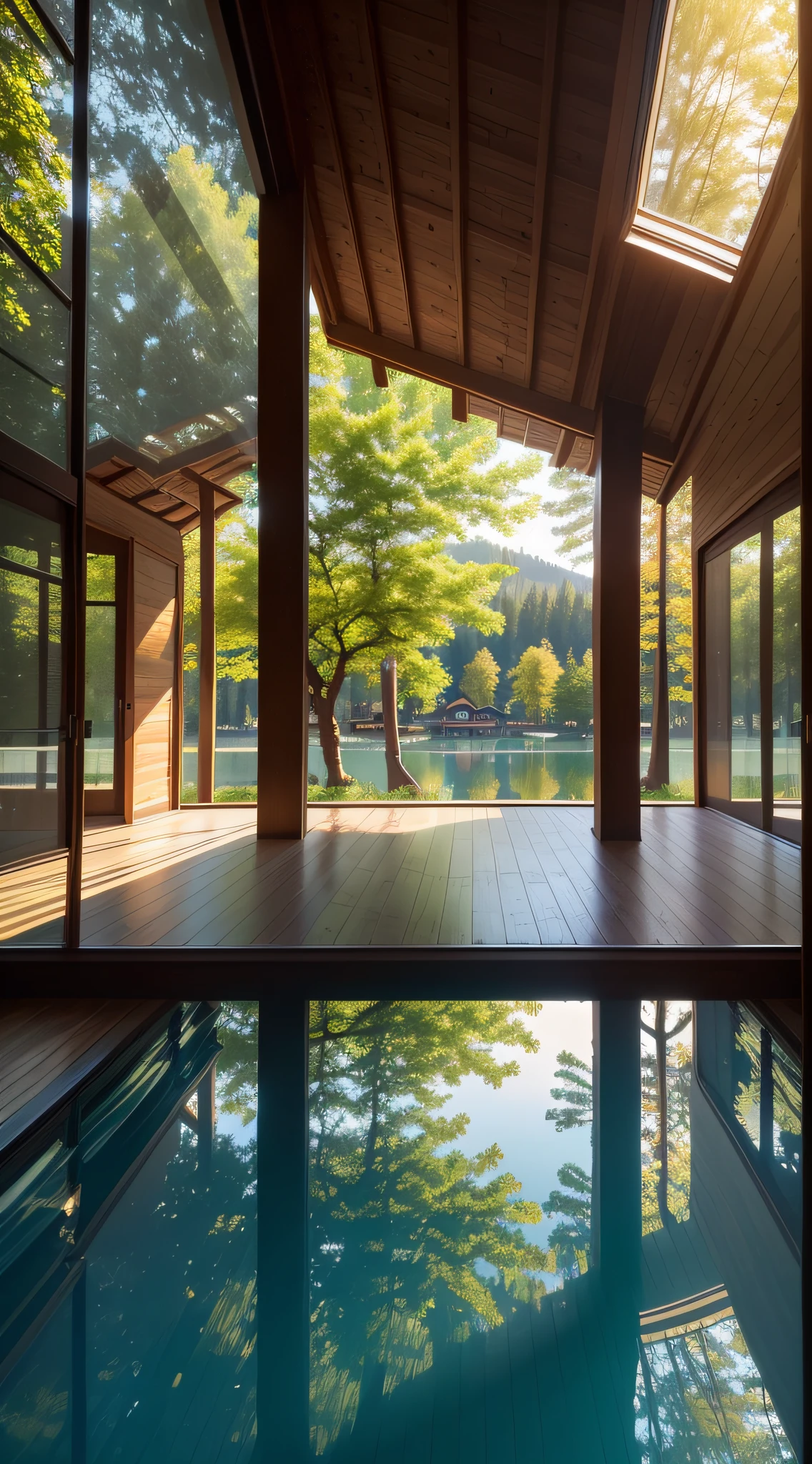 Tree-lined chalets by the lake， A huge tree， Interior architecture， Ray traching， reflective light， wide wide shot， ssee-through， bokeh， hyper HD，professional photography photo