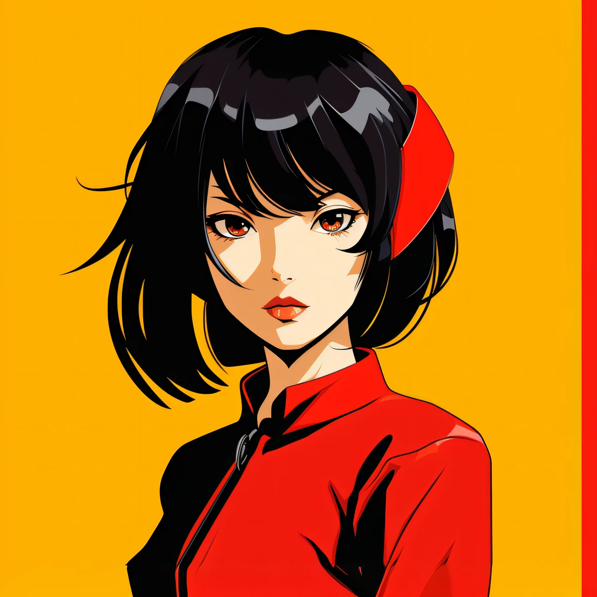 Anime girl with red hair and black hair in red shirt, satoshi kon artstyle, Art styles : Ilya Kuvshinov, ilya kuvshinov style, retro anime girl, anime style illustration, In the style of Ilya Kuvshinov, Portrait of a female anime hero, anime portrait of shiina ringo, Style of Ilya Kuvshinov