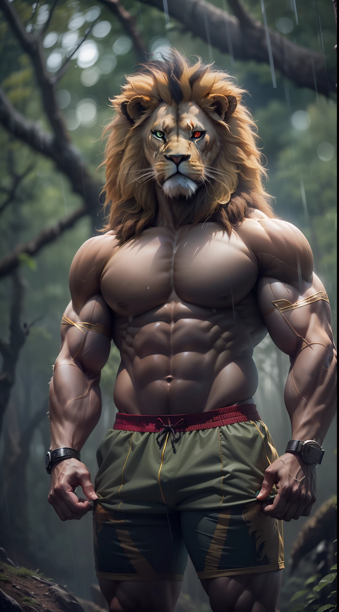 ((A Lion , super strong, Bodybuilder, muscular,)) wearing a stylish outfit, raining, a Forest in The background, 35mm lens, photography, ultra details, precise texture details HDR, UHD,64K
