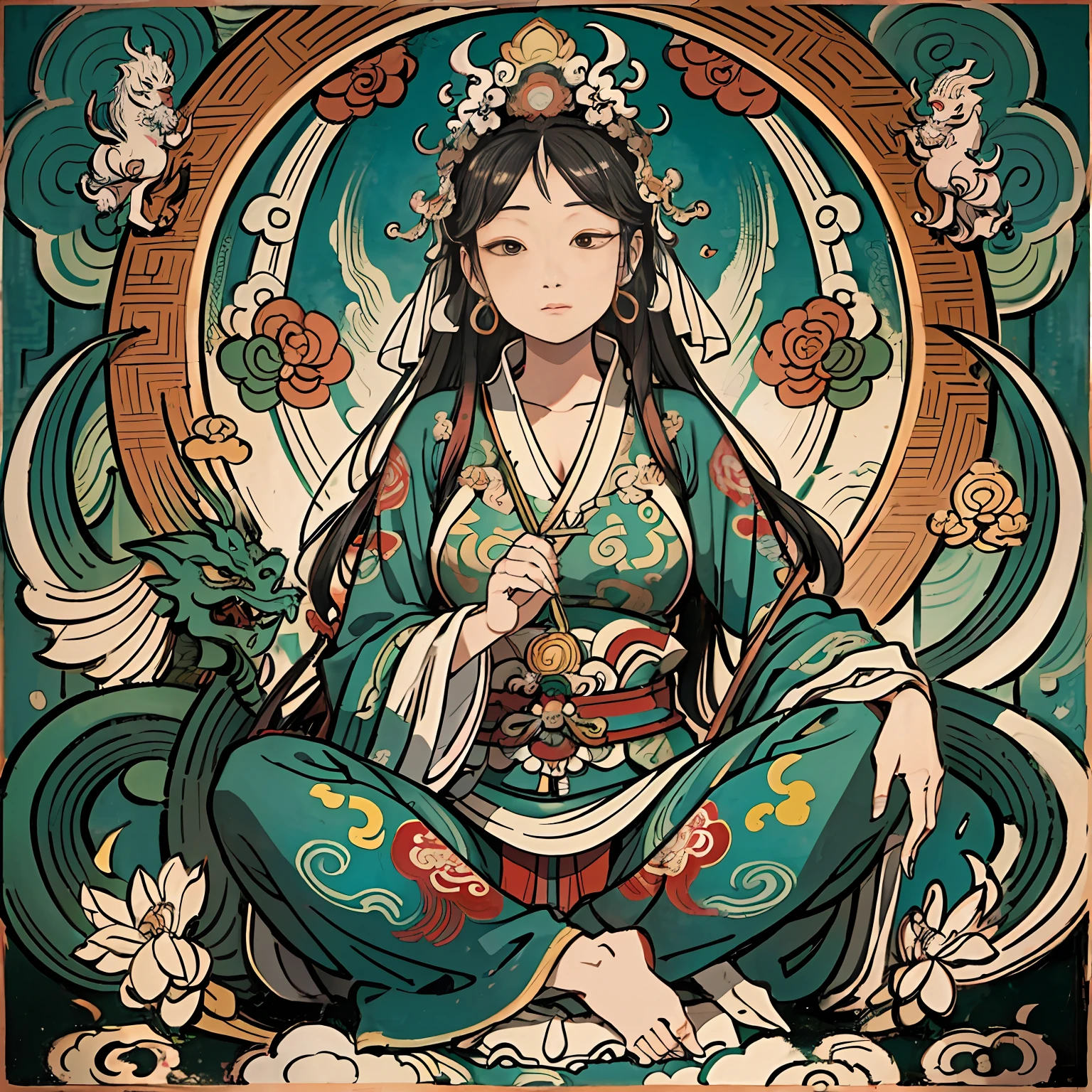 an ancient Chinese goddess, guanyin of the southern seas, Guanyin, Inspired by India, Avalokiteshvara rides a dragon,Serene expression,shui mo hua,Buddha,Buddhist,Lotus,Chinese painting style,Thangka style