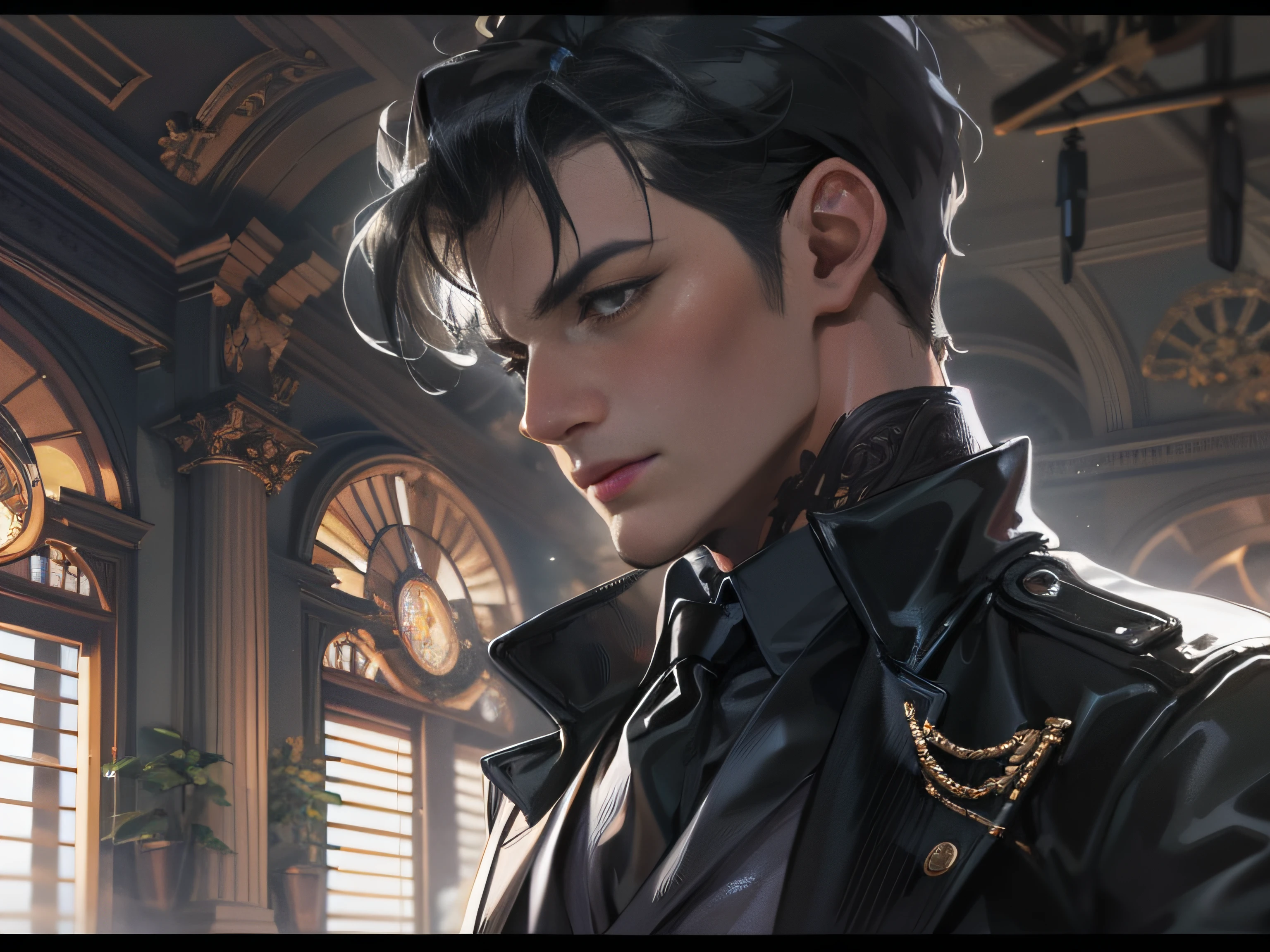 A 35-year-old man with short black hair and black formal wear,pondering,Bright study room,grand master,tmasterpiece,8k wallpaper,CG,Ultra-high image quality,light and shadow effect