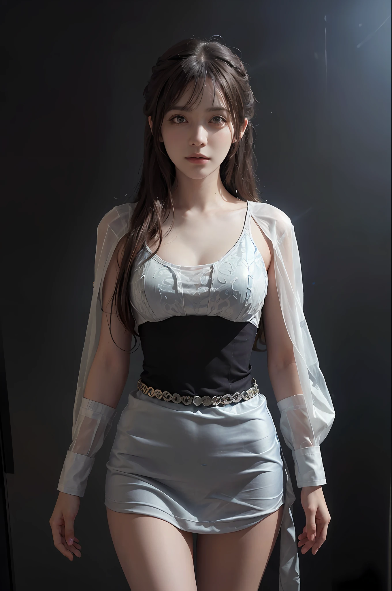Hyperrealist portrait of female by david hockney and alphonse mucha,fantasy art, photo realistic, dynamic lighting, artstation, poster, volumetric lighting, very detailed faces, 4 k, award winning,, 1girl, in the dark, deep shadow, low key,cowboy shot,(official clothing:1.4) ,long hair,white hair,