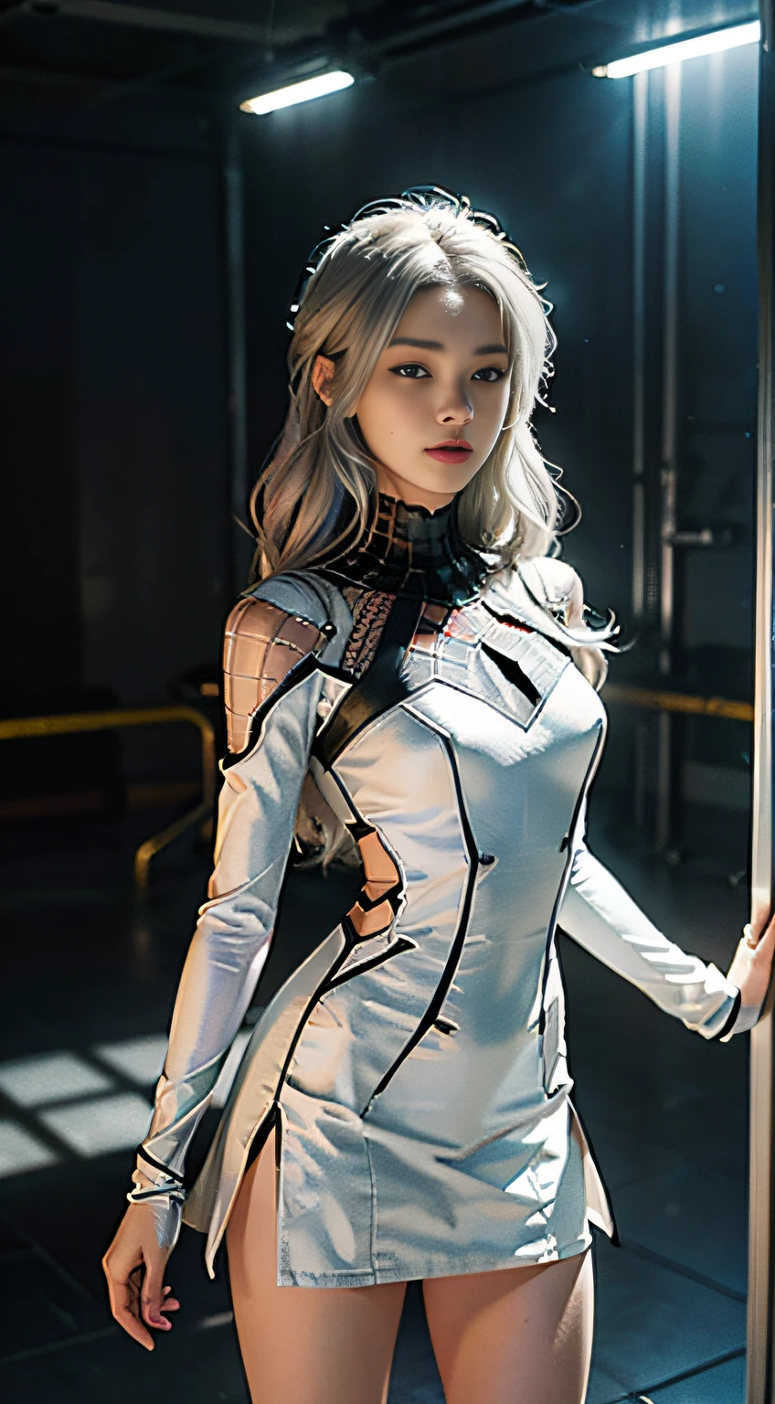 (CG Unity 8K wallpaper in extreme detail,tmasterpiece,Highest image quality),full-body portraits(Delicate light and shadow,The picture is highly dramatic,Cinematic lens effect),A girl in a short white Spider-Man dress,Silver-gray hair color,From parallel universes,Marvel,Spidey,Stand in an empty dance studio,dynamicposes),(Exceptional detail,The lighting effect is outstanding,Vista wide angle),(Excellent rendering,Enough to stand out from the crowd),The focus is on the white Spider-Man skirt