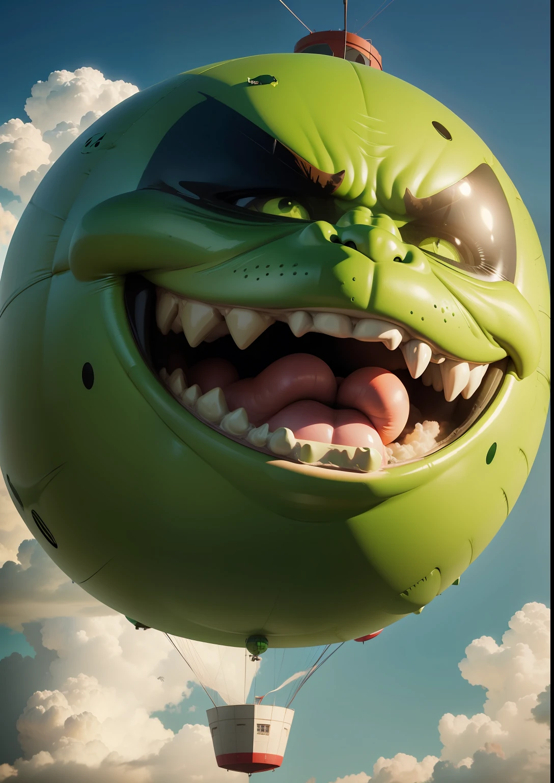 Hulk face on a hotballon, flying in sky, realistic,full body