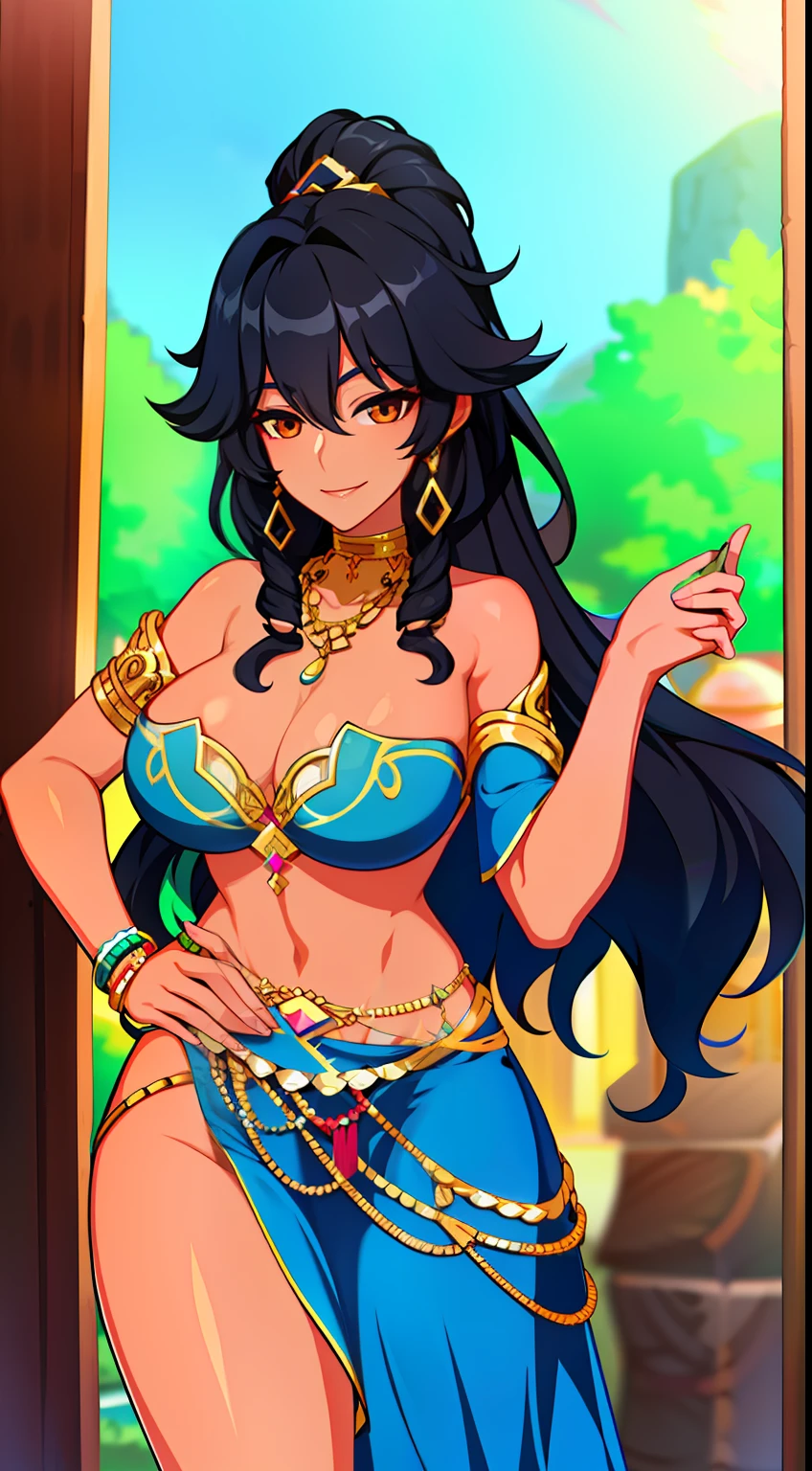 Tall girl, Bronzed Skin, long curly blue-black hair, Brown eyes, Gypsy clothing, gypsy, Smile, Dancing, Masterpiece, hiquality