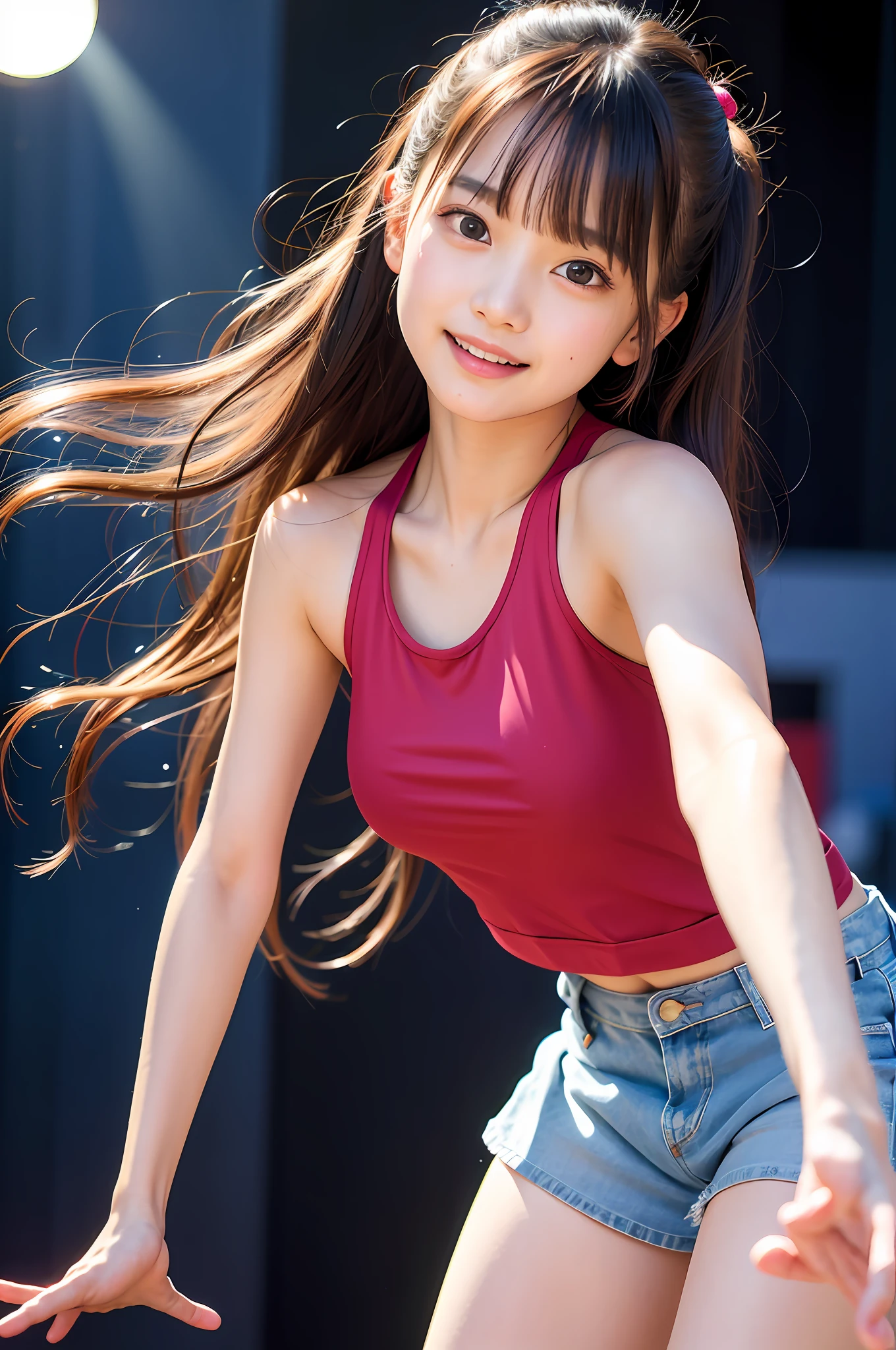 (8K、Raw photography、Photorealsitic:1.25)、1little girl、(18 year old woman with beautiful perfect face、Expressing the joy of dancing with poses and colors)、Pose with legs raised high、lipgloss、long lashes、Beautiful expression、shiny bare skin、top-quality、超A high resolution、Tank Tops、Bask in the lights on the stage、a miniskirt、Photograph the whole body