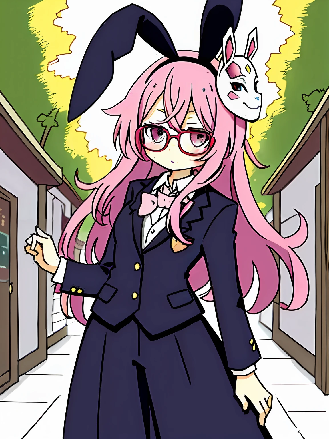 Pink hair, suit, cute eyes, bunny ears, mask, glasses