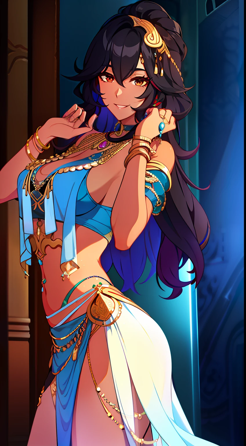 Tall girl, Bronzed Skin, long curly blue-black hair, Brown eyes, Gypsy clothing, gypsy, Smile, Dancing, Masterpiece, hiquality