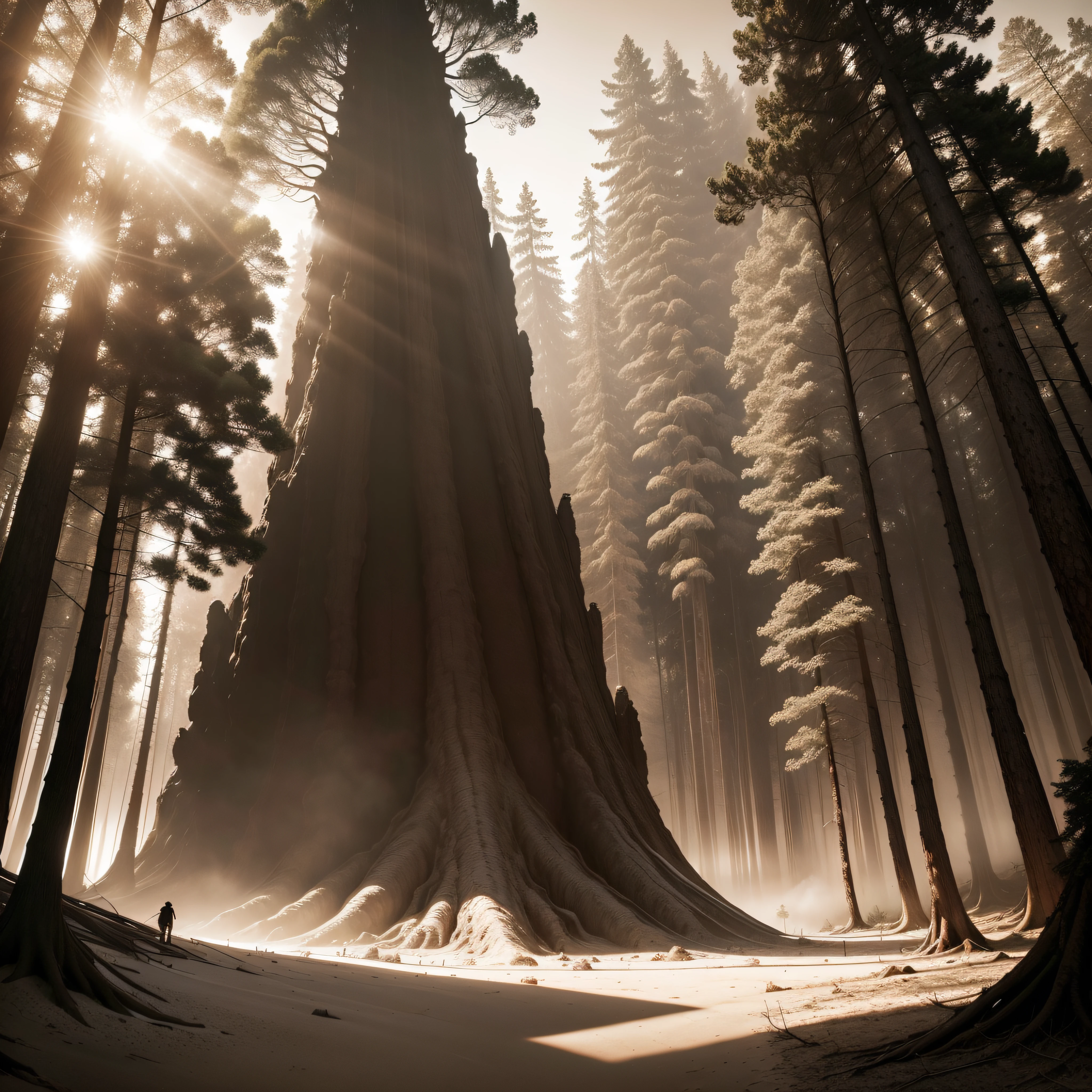 (extremadamente detallado, obra maestra, La mejor calidad, Tono sepia), un gigante con un hacha camina por un bosque. meteorito en el suelo, agujero profundo, Giant crater. burned trees. Oggre hidden among the trees. Daytime Lighting.