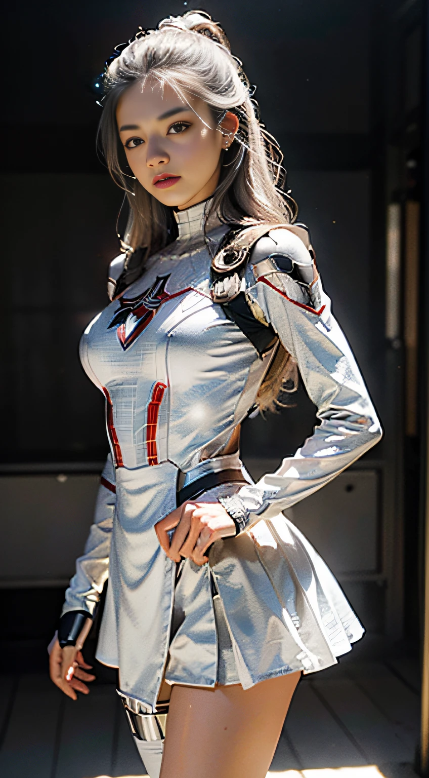 (CG Unity 8K wallpaper in extreme detail，tmasterpiece，Highest image quality)，full-body portraits(Delicate light and shadow，The picture is highly dramatic，Cinematic lens effect)，A girl in a short white Spider-Man dress，Silver-gray hair color，From parallel universes，Marvel，Spidey，Stand in an empty dance studio，dynamicposes)，(Exceptional detail，The lighting effect is outstanding，Vista wide angle)，(Excellent rendering，Enough to stand out from the crowd)，The focus is on the white Spider-Man skirt