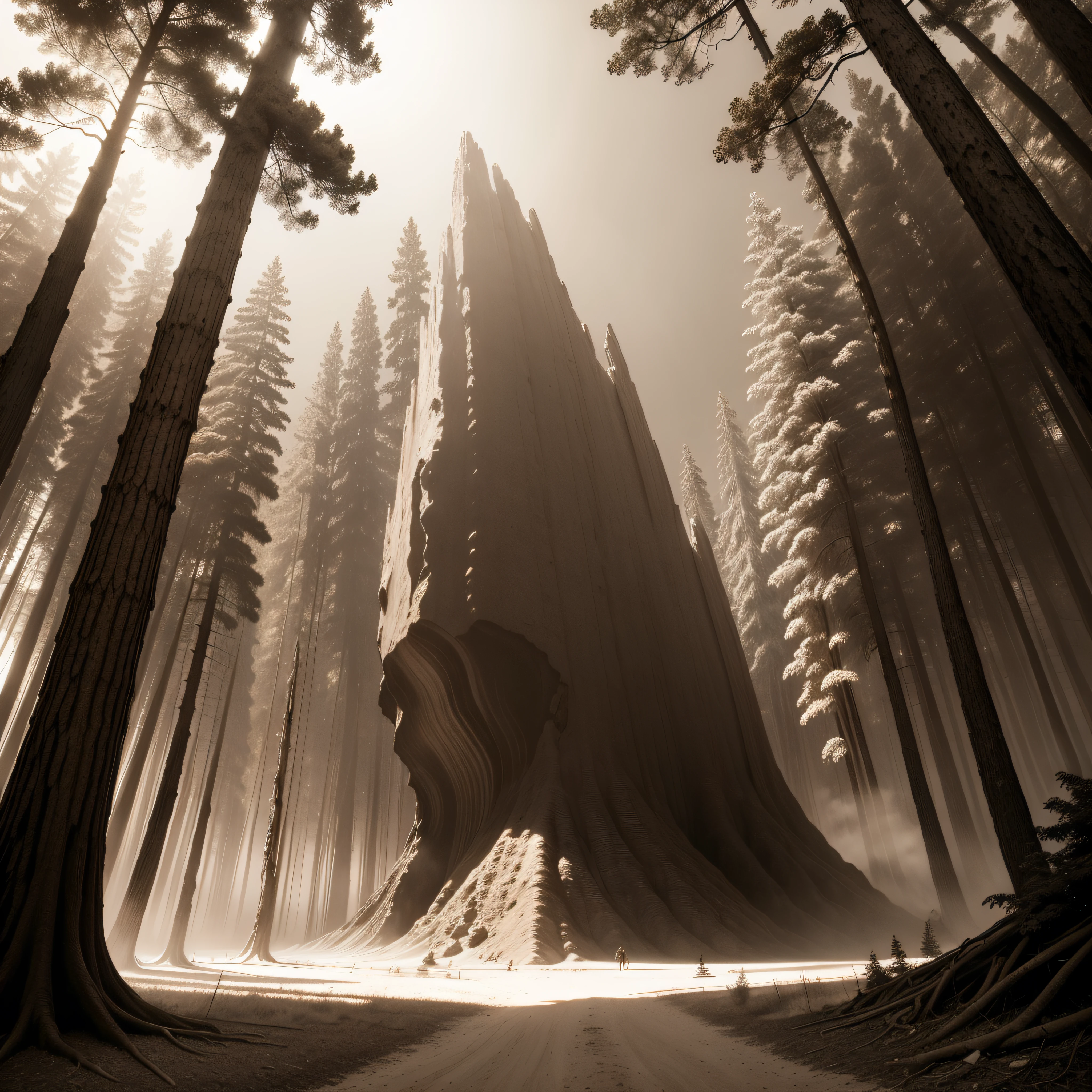 (extremadamente detallado, obra maestra, La mejor calidad, Tono sepia), un gigante con un hacha camina por un bosque. meteorito en el suelo, agujero profundo, Giant crater. burned trees. Oggre hidden among the trees. Daytime Lighting.