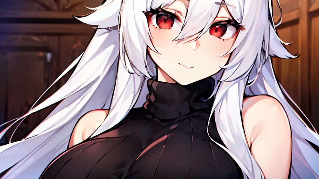 woman, (((white long hair))), ((((hip length turtleneck sweater)))), (((((sweater black))))) ((red eyes)), breasts, breasts squeezed together, happy, bangs between the eyes,bangs between the eyes, bedroom, milky thighs, detailed face, detailed eyes, detailed hair,