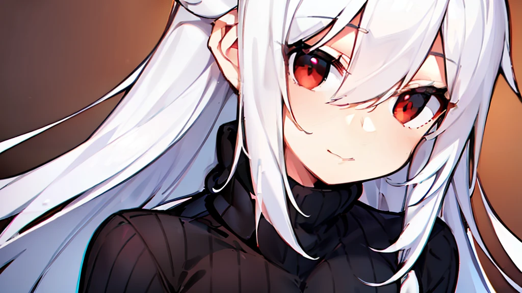 woman, (((white long hair))), ((((hip length turtleneck sweater)))), (((((sweater black))))) ((red eyes)), breasts, breasts squeezed together, happy, bangs between the eyes,bangs between the eyes, bedroom, milky thighs, detailed face, detailed eyes, detailed hair,