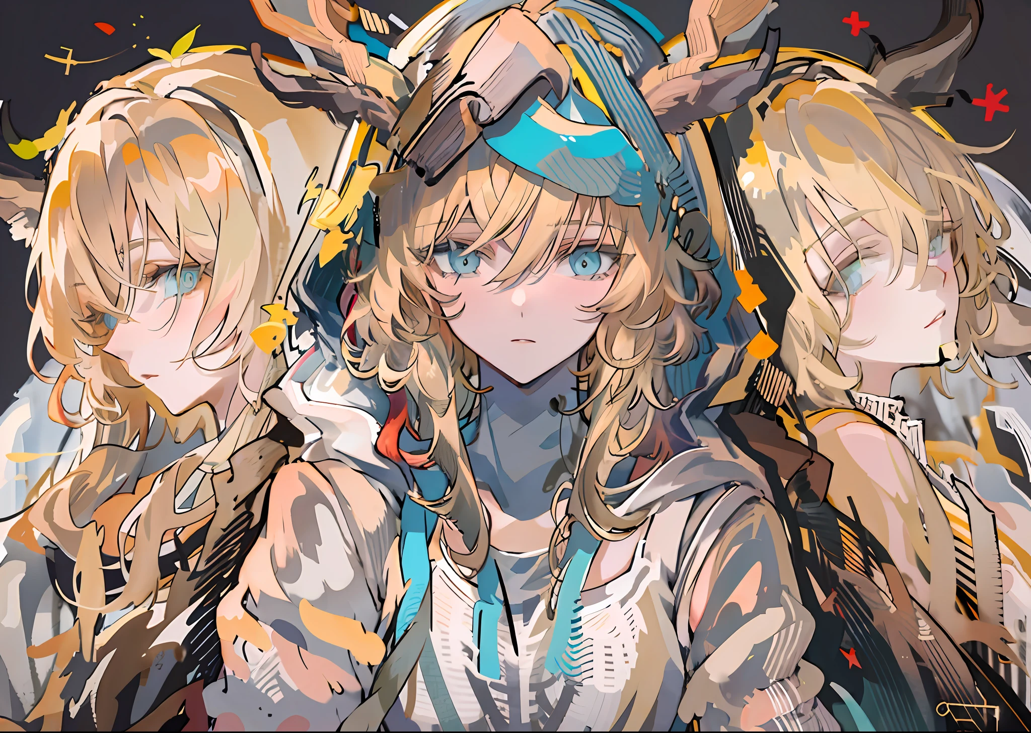 solo, 1boy, animal ears, male focus, deer ears,deerhorn, golden hair, divine clothing, hoodie, long hair, upper body, looking at viewer, bangs, aqua eyes, jewelry, hood down, triangle, blue eyes