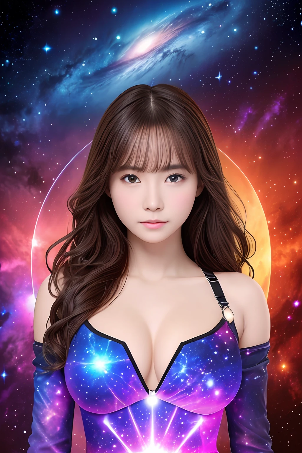 top-quality、masterpiece、超A high resolution、(Photorealsitic:1.4)、Raw photo、1人、Clean face、A detailed face、Dark hair、glowy skin、Wet body、Dramatic Writing、full body Esbian、Colossal tits、The background is outer space、blur backgroun、supernova、milkyway、nebulas、Fractal Art、