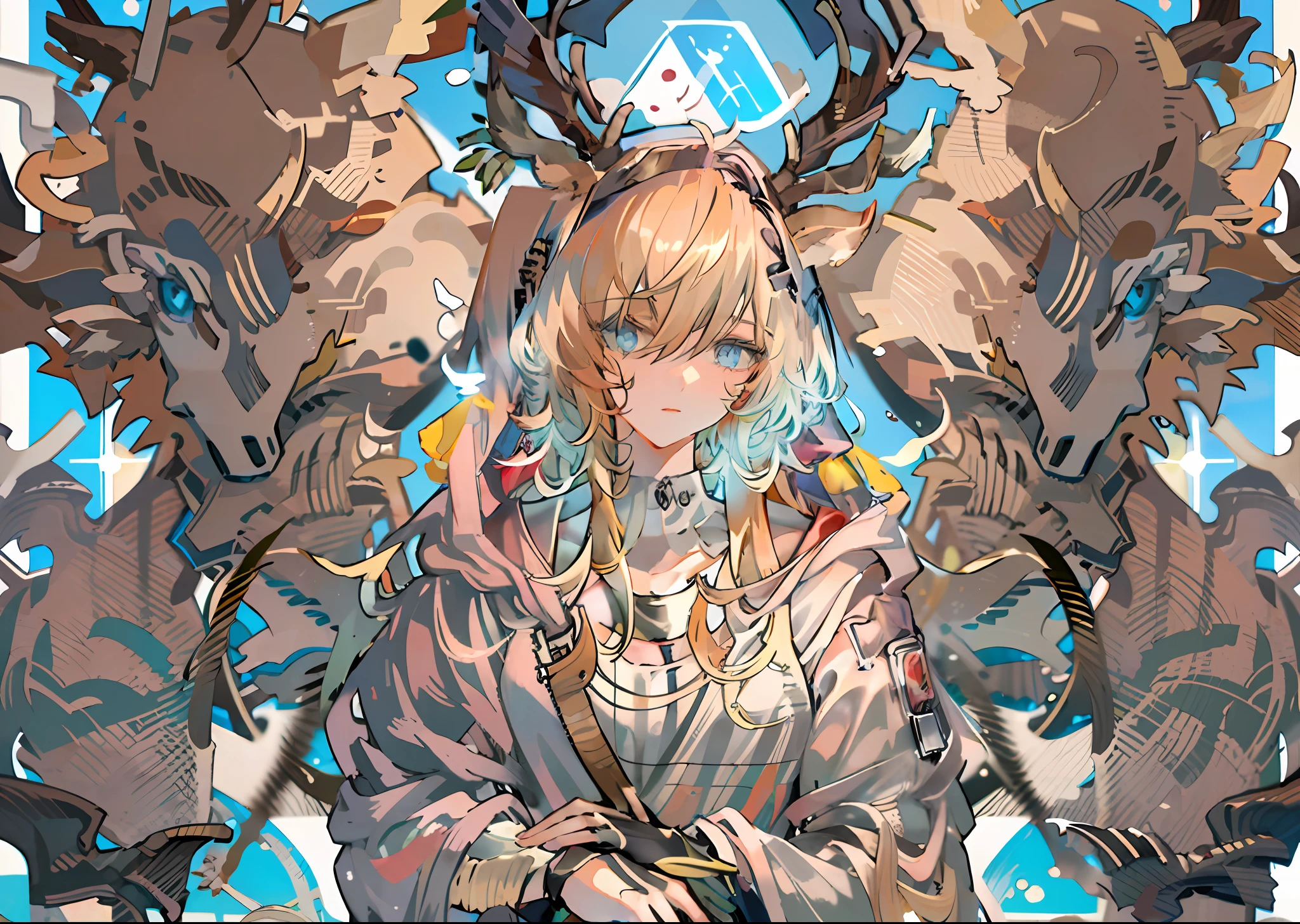 solo, 1boy, animal ears, male focus, deer ears,deerhorn, golden hair, divine clothing, hoodie, long hair, upper body, looking at viewer, bangs, aqua eyes, jewelry, hood down, triangle, blue eyes