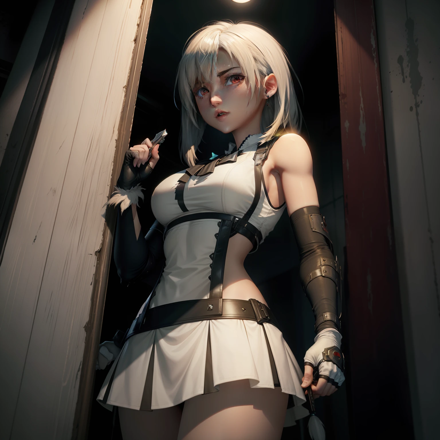 Girl Short Hair, White Hair, White Eyes, White Long Skirt, Holding a Bloody Knife