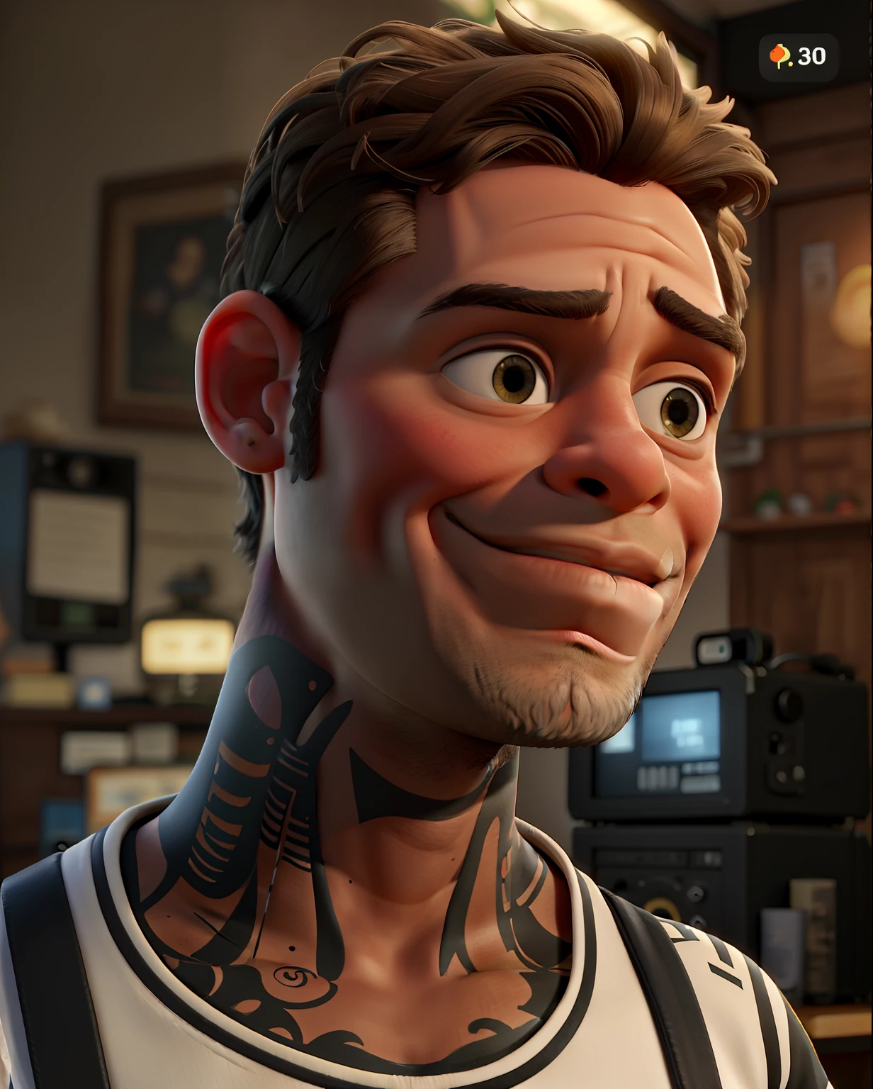 Masterpiece of a serious young boy, rosto com bastante seriedade e raiva, rebelde, cabelo arrepiado loiro com detalhes pretos, pele morena, tatuagens pretas no rosto, black tattoos on the neck, bigode loiro fino, cavanhaque pequeno loiro, pele bem iluminada, warm ilumination, in the background a music studio, bem detalhado 8k