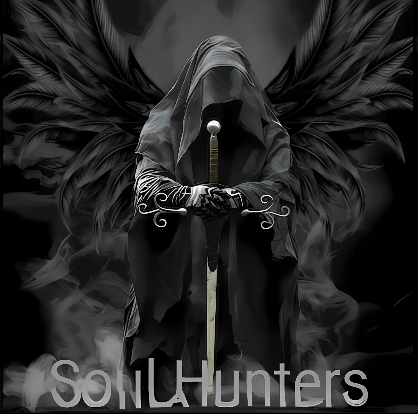 uma foto em preto e branco de uma pessoa com asas segurando uma espada, acumulador de almas!!!, Deus masculino bonito da morte, hunters, perculates da alma, Almas, O Anjo da Morte, em alma escura, dark fantasy esoteric, anjo da morte, Almas, alma, conceito de alma escura, alma escura, the angel of death with a halo