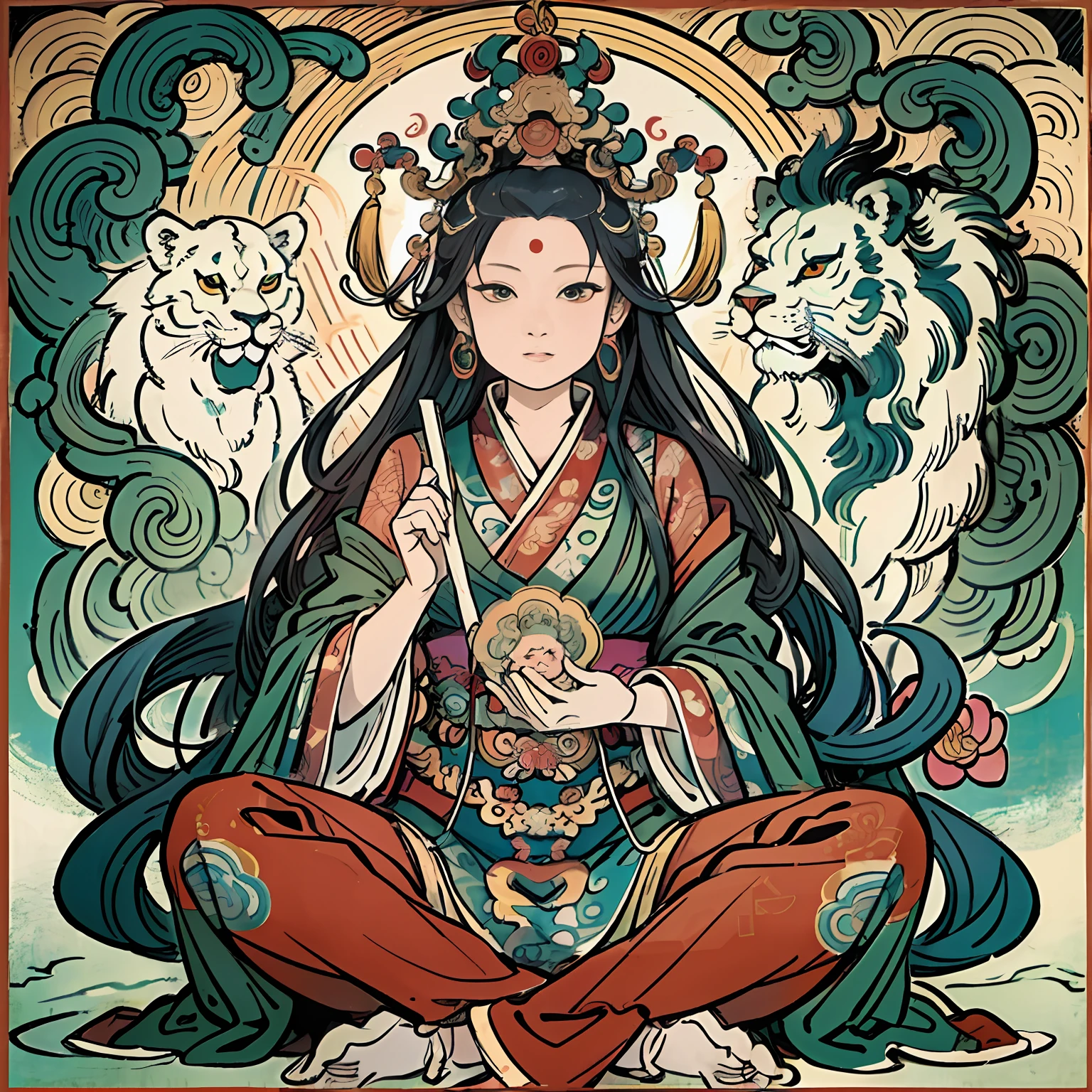 an ancient Chinese goddess, guanyin of the southern seas, Guanyin, Inspired by India, Avalokiteshvara rides a lion,Serene expression,shui mo hua,Buddha,Buddhist,Lotus,Chinese painting style,Thangka style