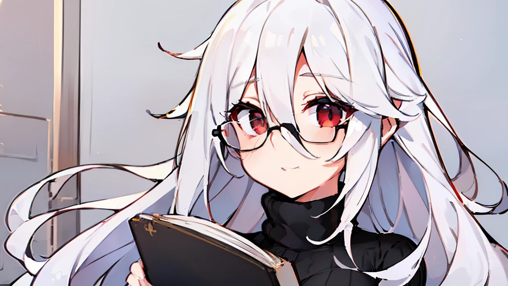 woman, (((white long hair))), ((((hip length turtleneck sweater)))), (((((sweater black))))) ((red eyes)), breasts, breasts squeezed together, happy, bangs between the eyes,bangs between the eyes, bedroom, milky thighs, detailed face, detailed eyes, detailed hair, read a book, glasses