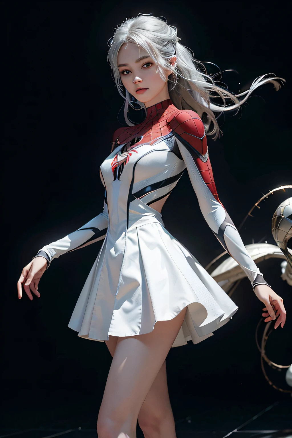 (CG Unity 8K wallpaper in extreme detail,tmasterpiece,Highest image quality),full-body portraits(Delicate light and shadow,The picture is highly dramatic,Cinematic lens effect),A girl in a short white Spider-Man dress,Silver-gray hair color,From parallel universes,Marvel,Spidey,Stand in an empty dance studio,dynamicposes),(Exceptional detail,The lighting effect is outstanding,Vista wide angle),(Excellent rendering,Enough to stand out from the crowd),The focus is on the white Spider-Man skirt